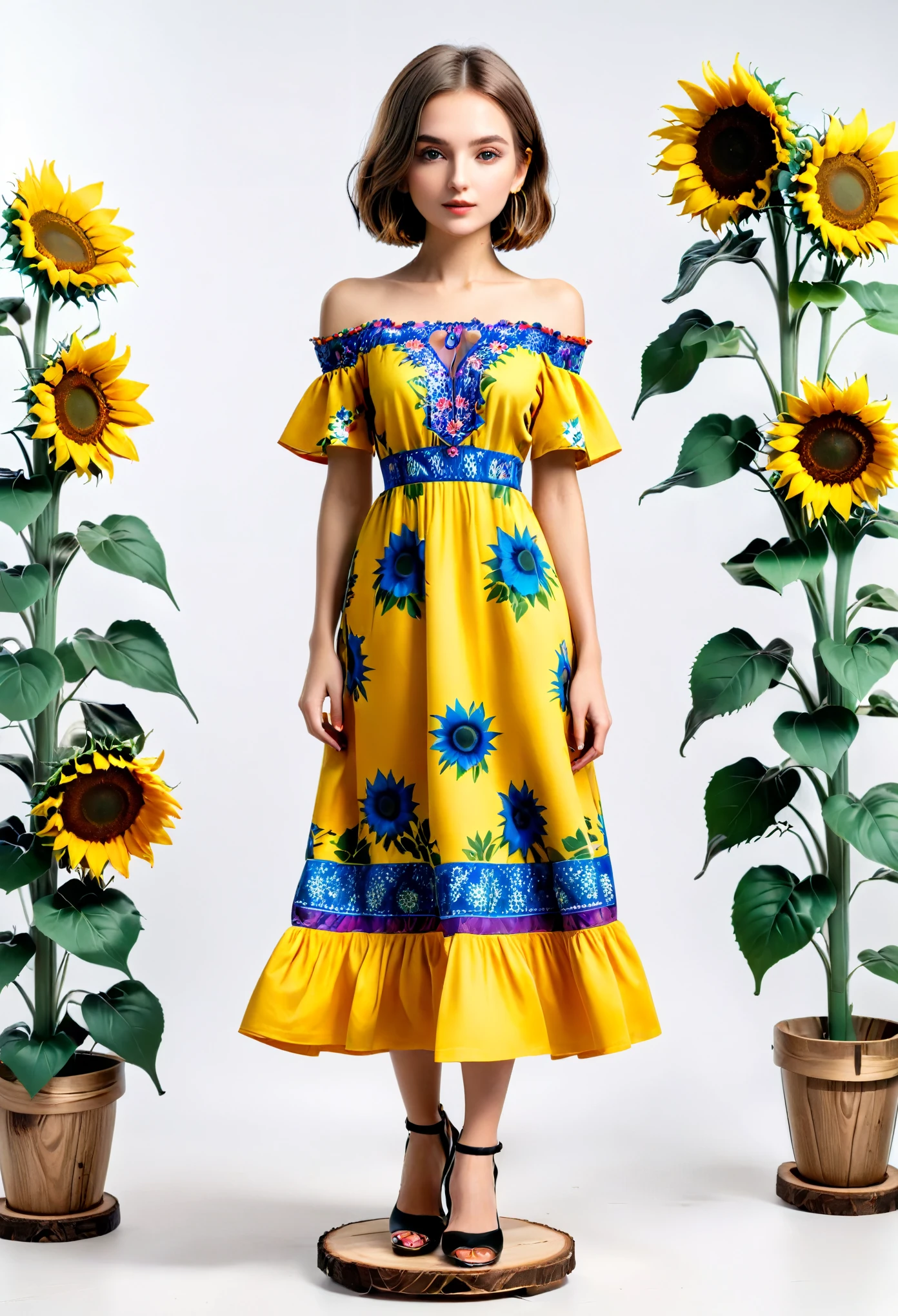 (Blind Box Spielzeug Stil:1.2),full body, solo,white background,(1 Beautiful girl Models,shoulder length straight bob hair,Maxi floral Ukrainian dress,Standing on a round wooden base,sunflower,high heels),(Eastern European elements,Ukrainian color,Very colorful)