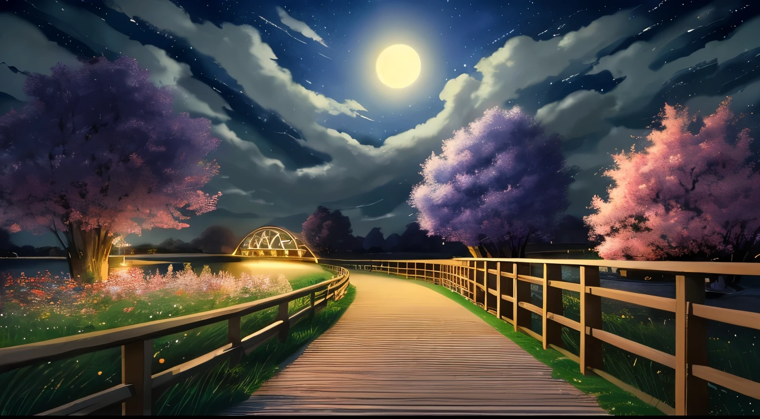 Stars in clouds, long path without people, next to a wooden bridge, beautiful flowers next to the bridge, river flowing under the bridge, shadow of a tree, beautiful anime scene, beautiful anime scenery, night sky, anime art, 8k wallpaper