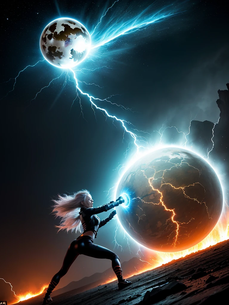 An (extremely fierce Gurung woman (age 35), slim and toned figure, ankle length platinum hair, tiny loose fighting clothes, explosive fury) is channeling her Ki energy (resembling lightning), into a ('DragonBall' a large pulsing sphere of rainbow power being circled by the ghost of a dragon), best quality, extremely high detail, chunks of earth hang in the air caught in the massive upwelling of power, shockwaves, dramatic views