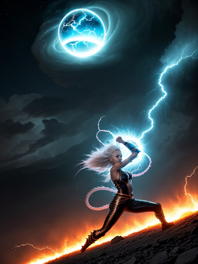 An (extremely fierce Gurung woman (age 35), slim and toned figure, ankle length platinum hair, tiny loose fighting clothes, explosive fury) is channeling her Ki energy (resembling lightning), into a ('DragonBall' a large pulsing sphere of rainbow power being circled by the ghost of a dragon), best quality, extremely high detail, chunks of earth hang in the air caught in the massive upwelling of power, shockwaves, dramatic views