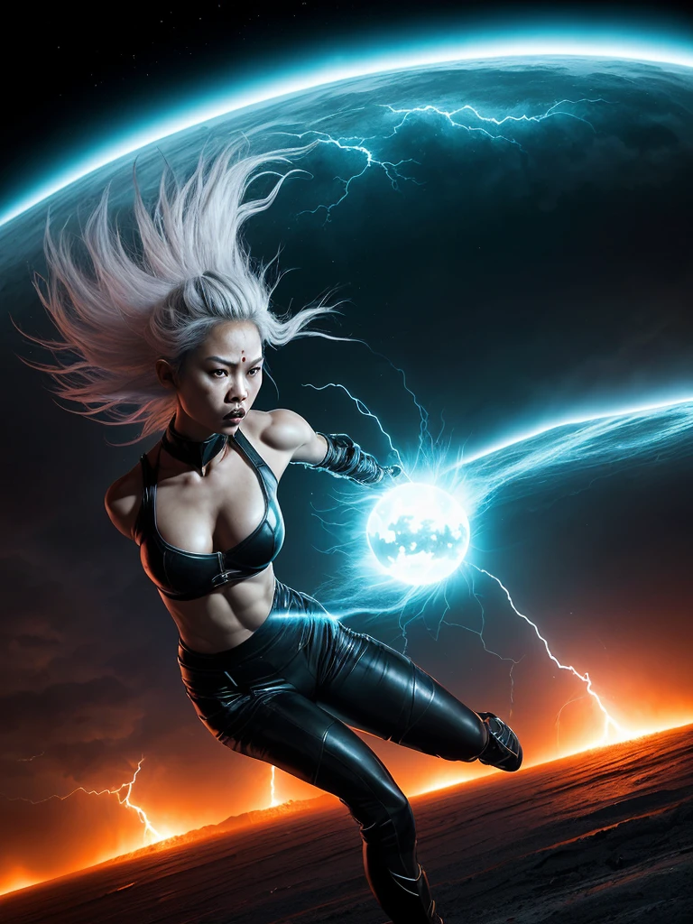 An (extremely fierce Gurung woman (age 35), slim and toned figure, ankle length platinum hair, tiny loose fighting clothes, explosive fury) is channeling her Ki energy (resembling lightning), into a ('DragonBall' a large pulsing sphere of rainbow power being circled by the ghost of a dragon), best quality, extremely high detail, chunks of earth hang in the air caught in the massive upwelling of power, shockwaves, dramatic views