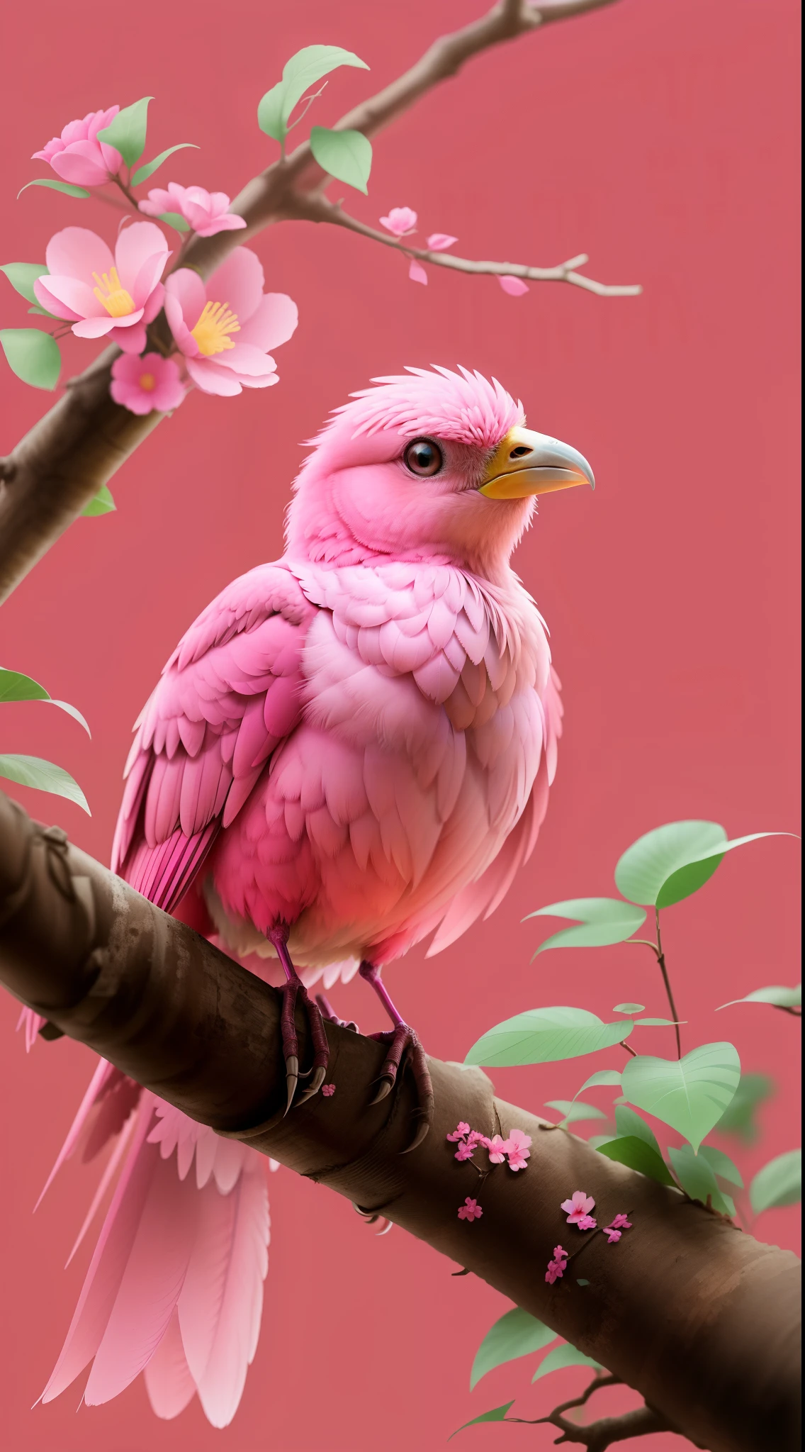 pink bird坐在死树上,pink bird,high resolution,high quality,(pink background:1.5)