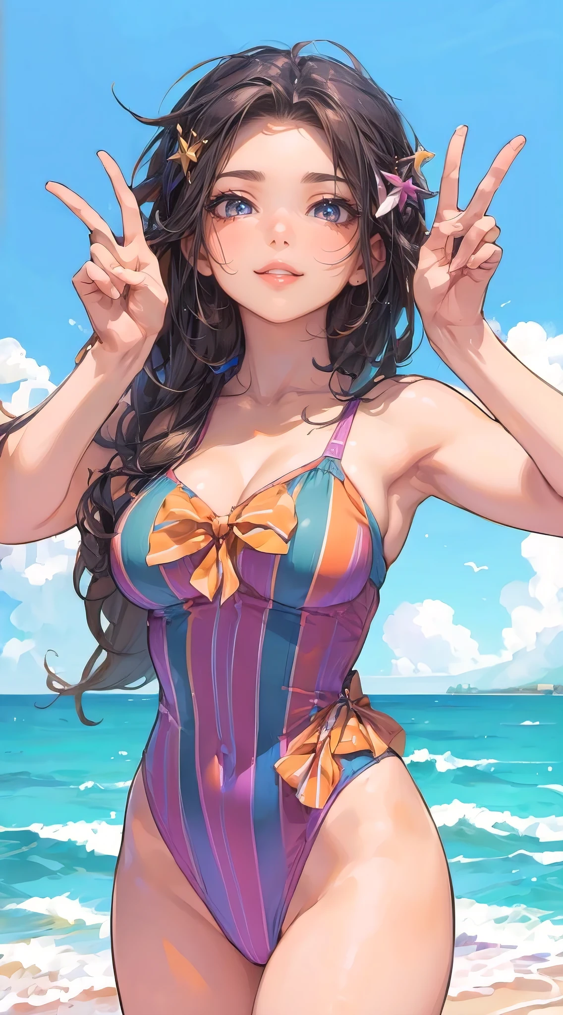 (best quality, masterpiece:1.2), perfect body, huge breasts, attractive woman, purple and orange striped swimming suit with bow on top, cute, beach, sea, sky, city skyline, elaborate details