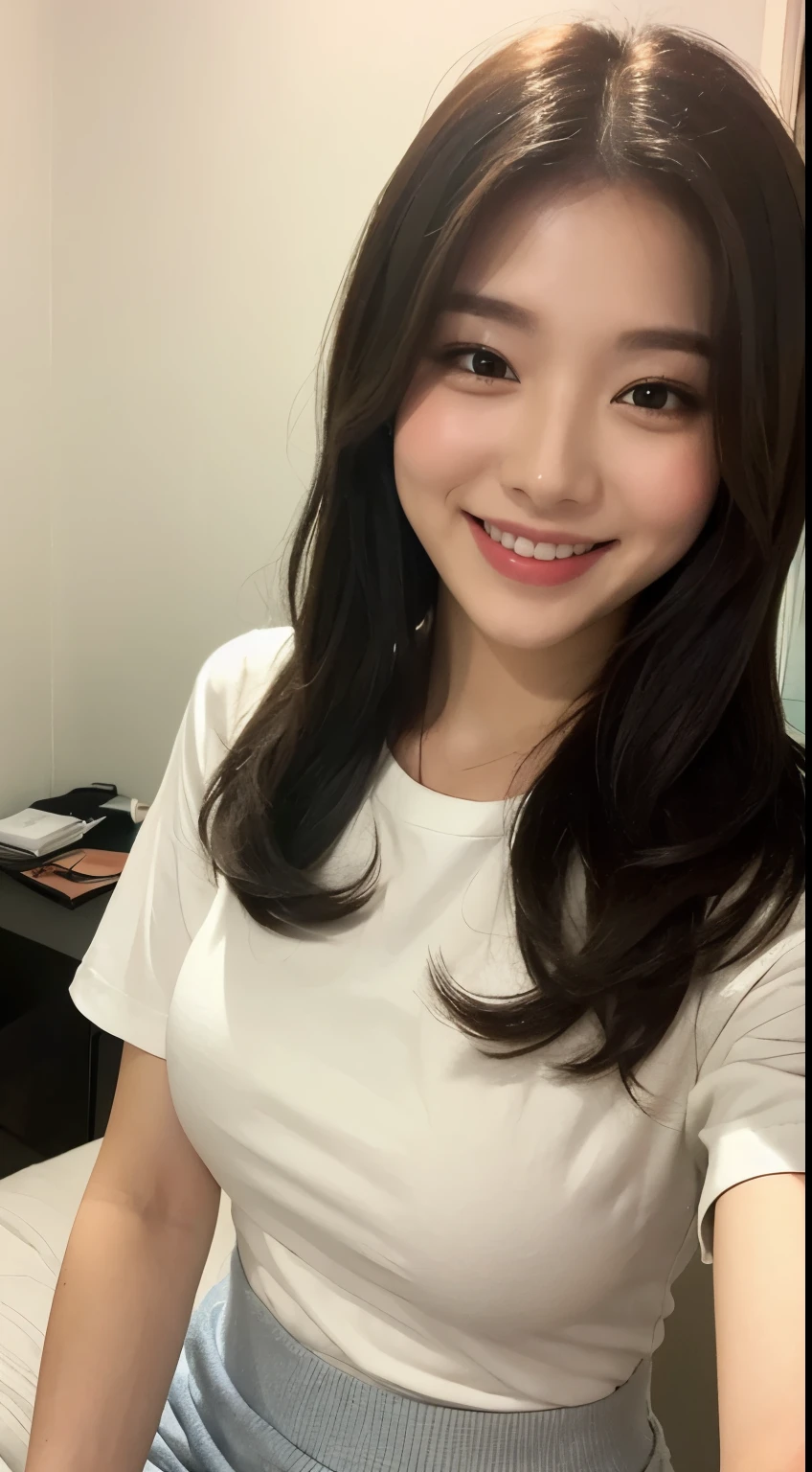 white tight shirt、white tight mini skirt、bed、smile、short sleeve、high resolution、Korean idol face