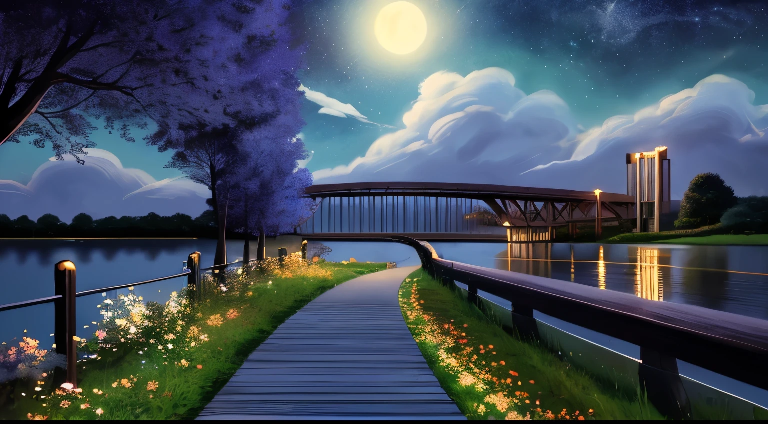 Stars in clouds, long path without people, next to a wooden bridge, beautiful flowers next to the bridge, river flowing under the bridge, shadow of a tree, beautiful anime scene, beautiful anime scenery, night sky, anime art, 8k wallpaper