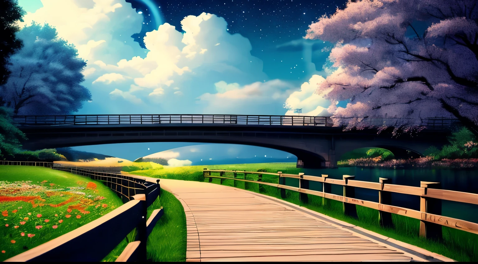 Stars in clouds, long path without people, next to a wooden bridge, beautiful flowers next to the bridge, river flowing under the bridge, shadow of a tree, beautiful anime scene, beautiful anime scenery, night sky, anime art, 8k wallpaper