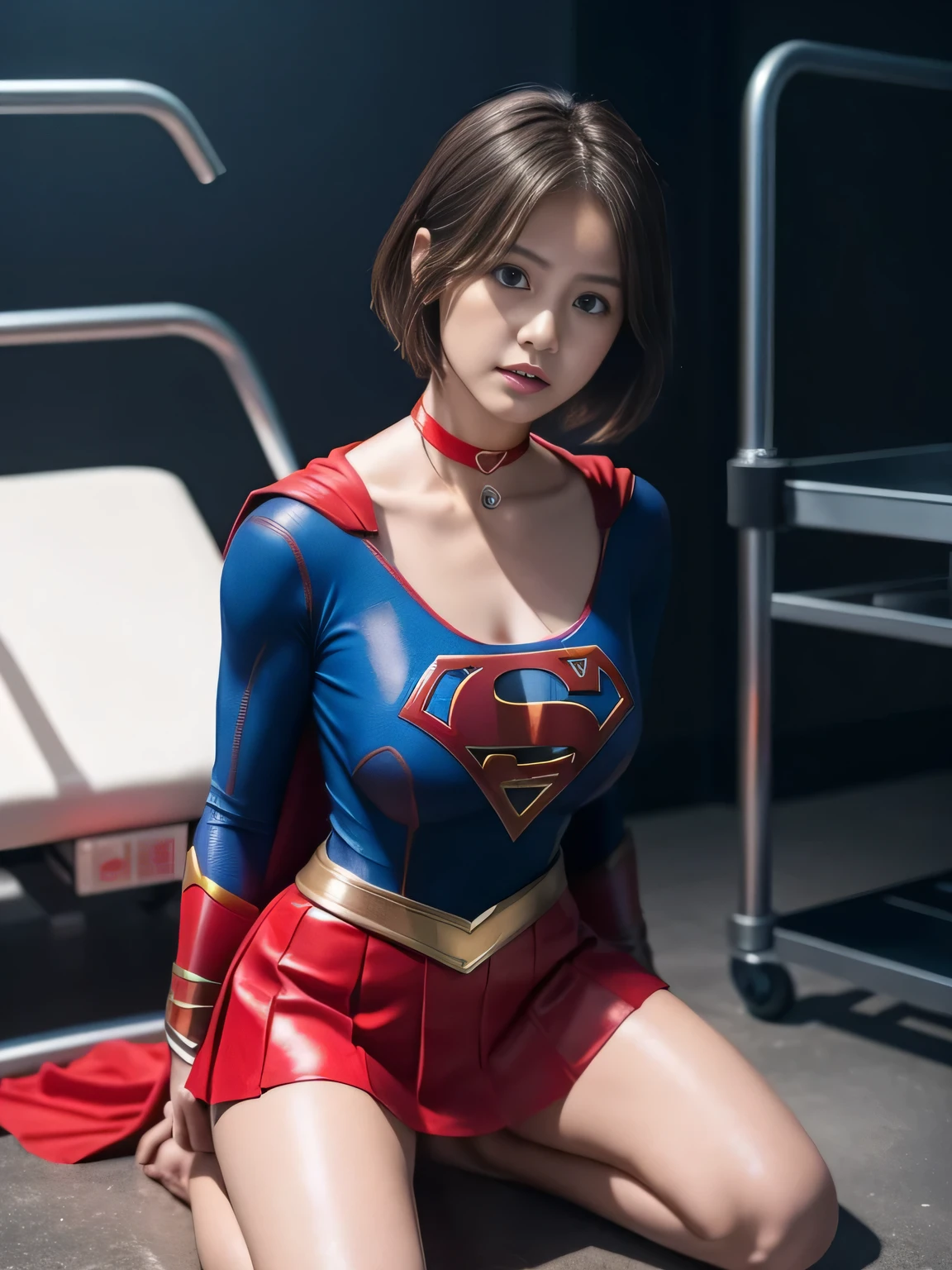 masterpiece、supergirl costume、short hair、barefoot、big and full breasts、Experimental facility、operating table、squat、Tattered、shiny、look at the camera、Seduce、choker、red mini skirt、long sleeve