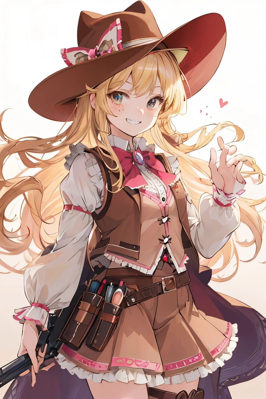 Cowboy themed magical girl, western, magical girl, shoujo, anime style, brown outfit, blonde long hair, gun holster, cowboy hat, brown vest, lolita, cheerful grin, freckles