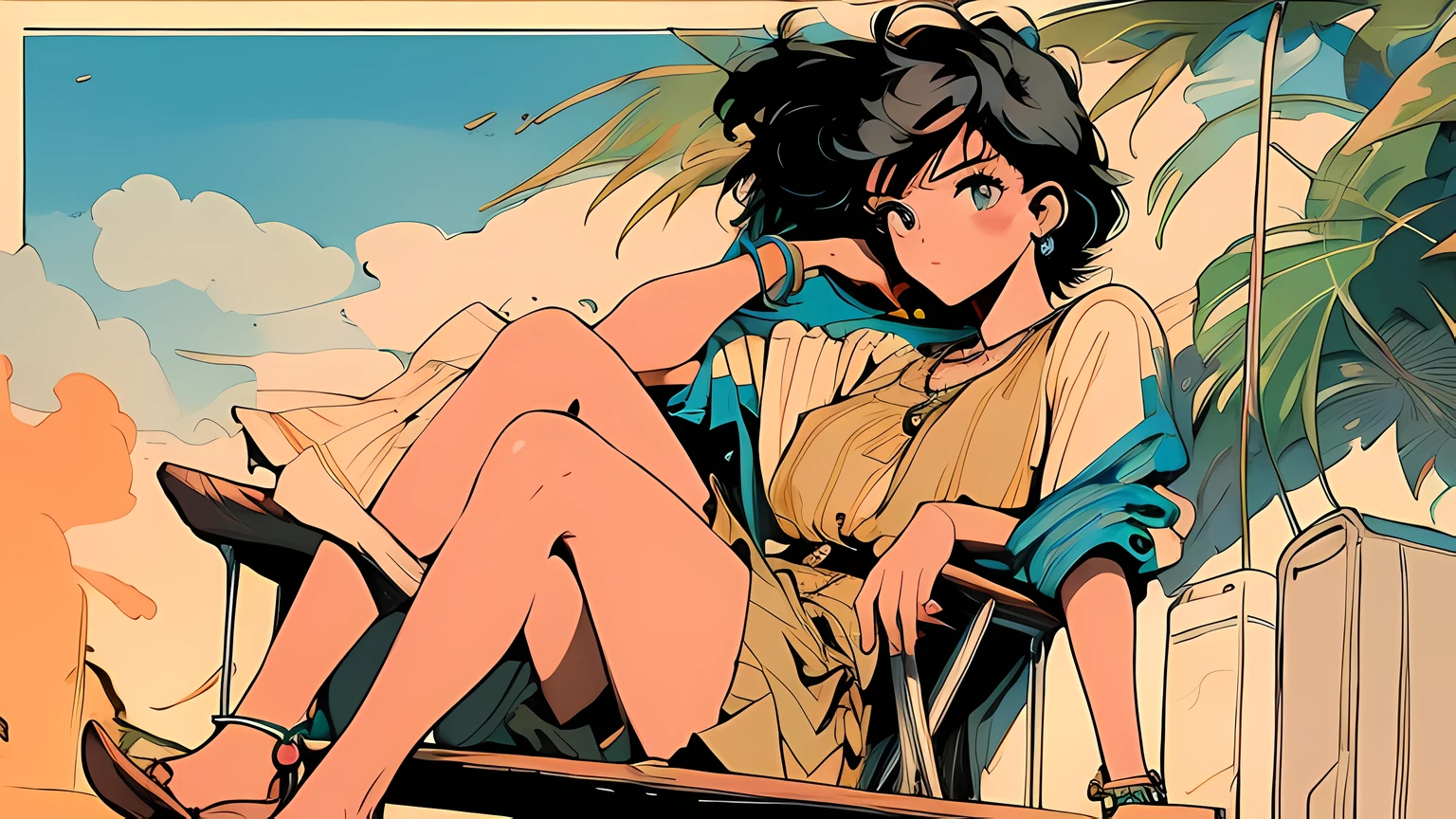 ((best quality)), ((masterpiece)), (detailed), Beach, bar, sitting on the bar chair & Beach을 바라보며, Short hair, hair band, Summer fashion, slim legs, flip shoes, bracelet, simple necklace, drinking a cocktail, cool breeze, summer breeze, sunlight, yacht, portable cassette tape player, Listen to music with earphones,