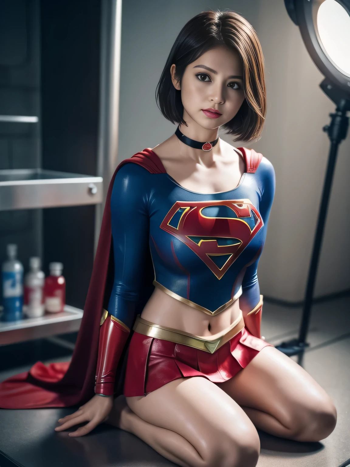 masterpiece、supergirl costume、short hair、barefoot、big and full breasts、Experimental facility、operating table、crawl、Tattered、shiny、look at the camera、Seduce、choker、red mini skirt、long sleeve