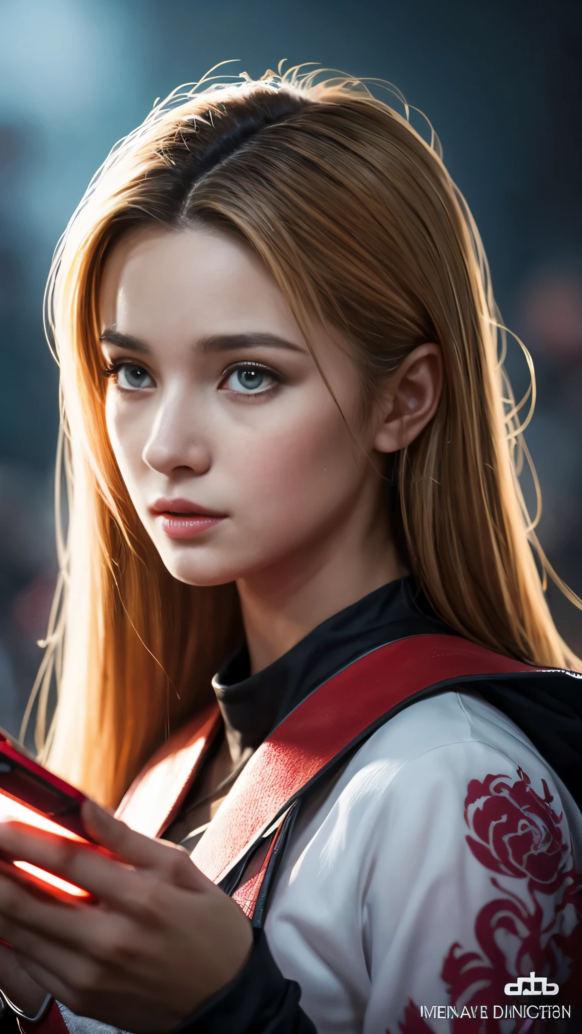 Close-up of a woman with long blond hair holding a mobile phone, Magali Villeneuveからインスピレーションを得た, fantasy art portrait, fantasy portrait art, detailed matte fantasy portrait, Alice x. open, fantasy portrait, epic fantasy art portrait, beautiful fantasy art portrait, Magali Villeneuve」, グラフィックアーティスト Magali Villeneuve, fantasy genre portrait, Epic fantasy digital art style