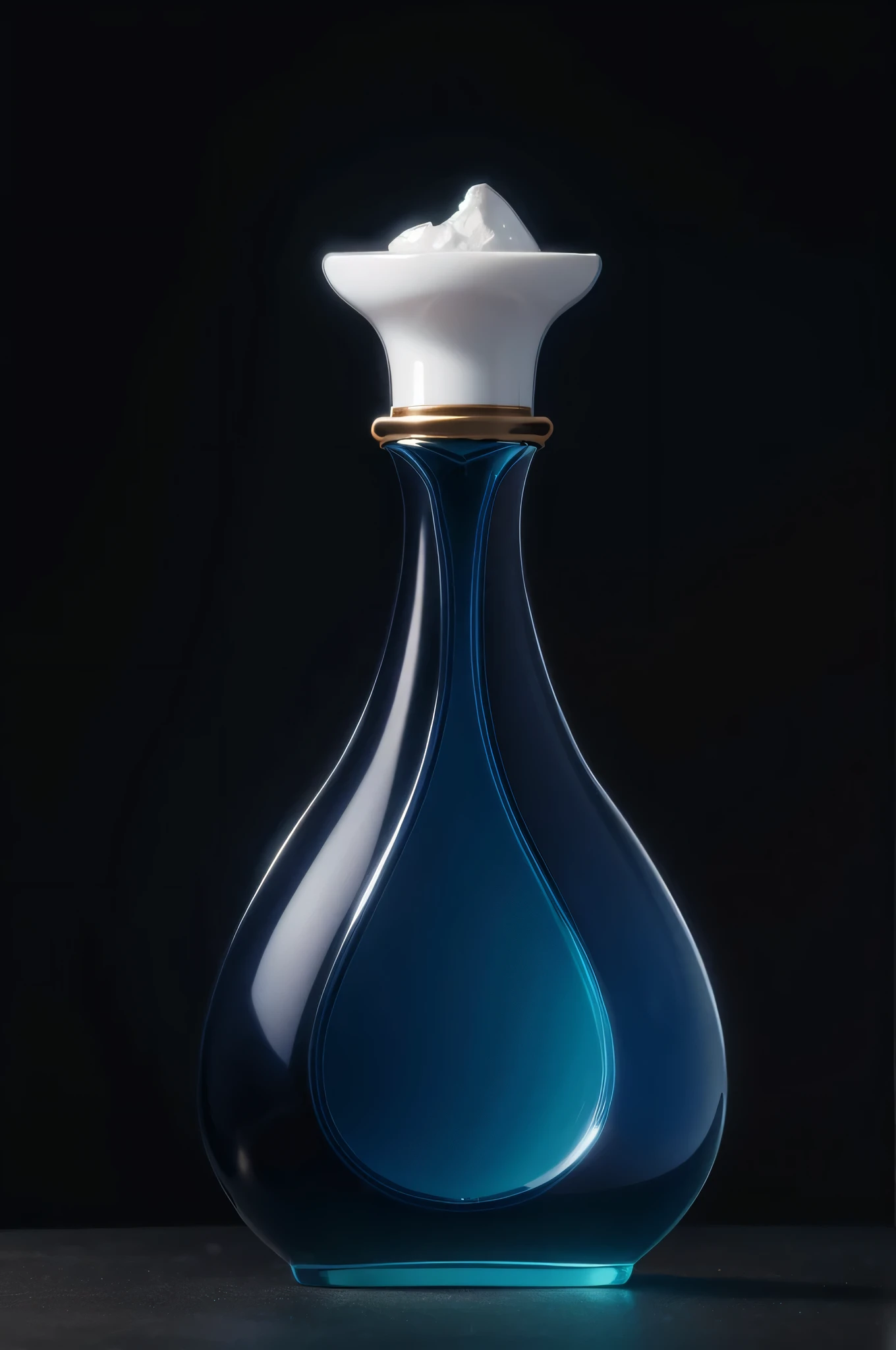 8k,HD，Commercial Photography，Delicate bottle，Blue and gold drop-shaped ceramic bottle，pure white background，surreal lighting，Product renderings