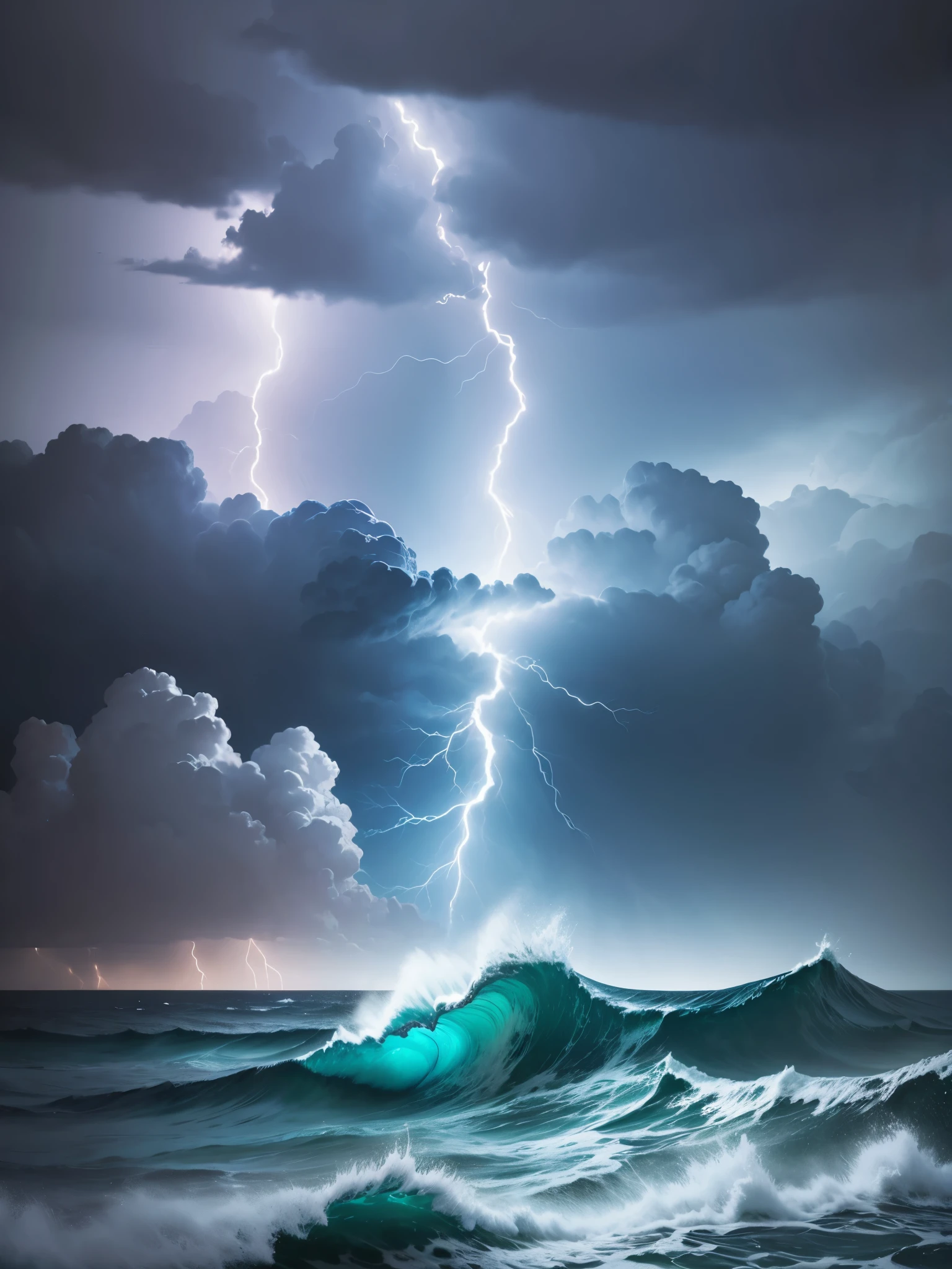 a rough sea during a night storm with lightning.