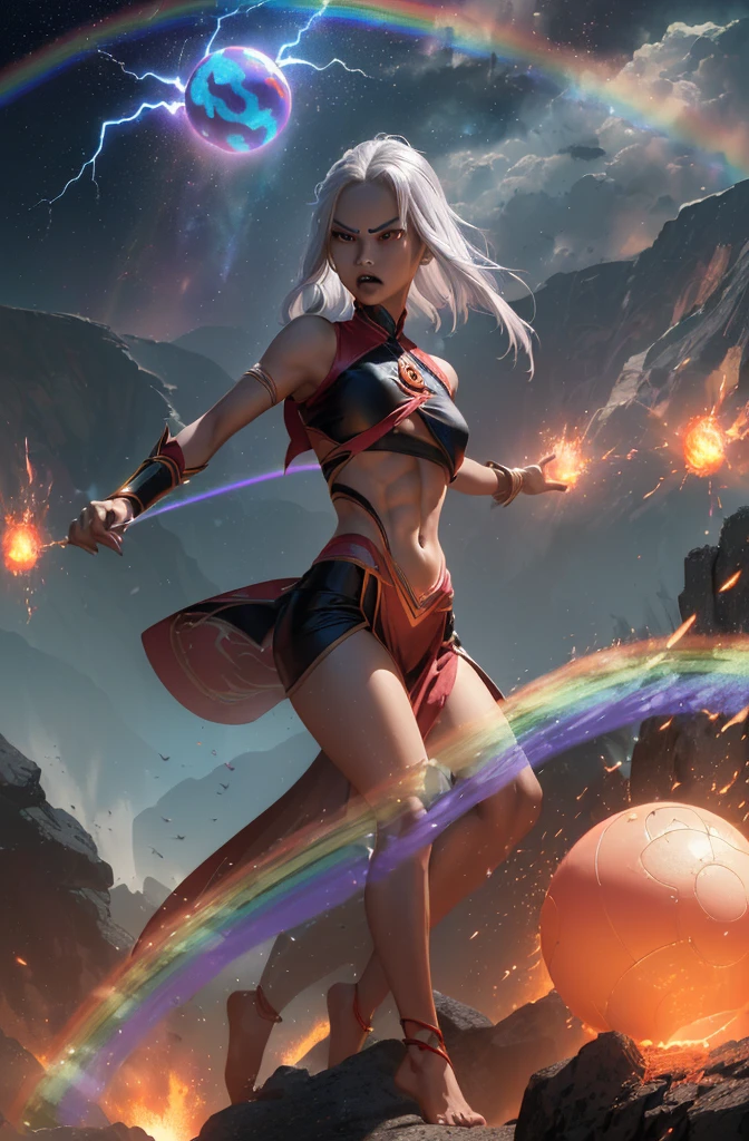 An (extremely fierce Gurung woman (age 35), slim and toned figure, ankle length platinum hair, tiny loose fighting clothes, explosive fury) is channeling her Ki energy (resembling lightning), into a ('DragonBall' a large pulsing sphere of rainbow power being circled by the ghost of a dragon), best quality, extremely high detail, dramatic views