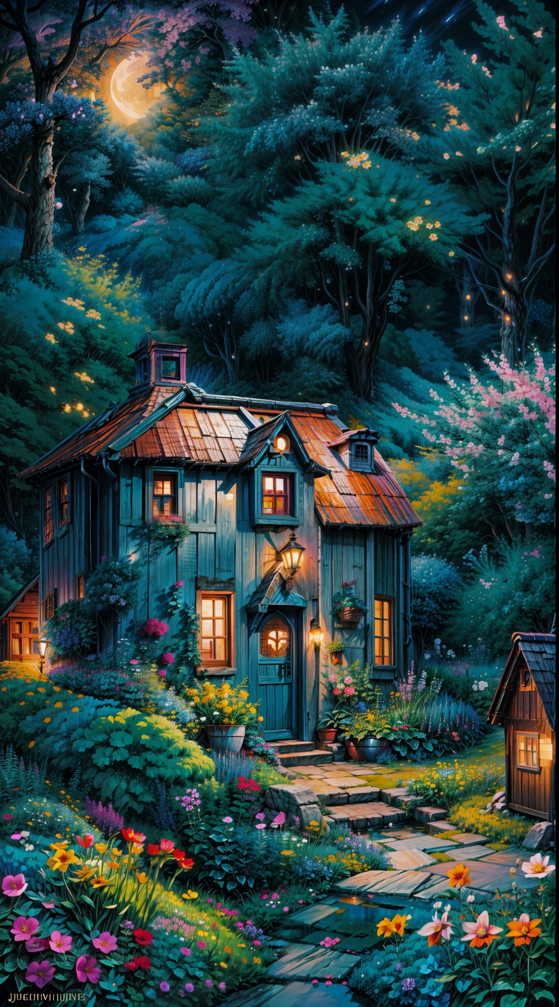 a painting of a blue house surrounded by flowers, nightime village background, by Jacek Yerka, by Evgeny Lushpin, by Shin Yun-bok, whimsical fantasy landscape art, cloudy sky, by Frances Jetter, flowery cottage, rounded house and cute character, magical village, moonlit night dreamy atmosphere, by Yvonne Jacquette, inspired by Evgeny Lushpin, 4k hd,, beautiful art uhd 4 k, a beautiful artwork illustration, beautiful digital painting, highly detailed digital painting, beautiful digital artwork, detailed painting 4 k, very detailed digital painting, rich picturesque colors, gorgeous digital painting, no human