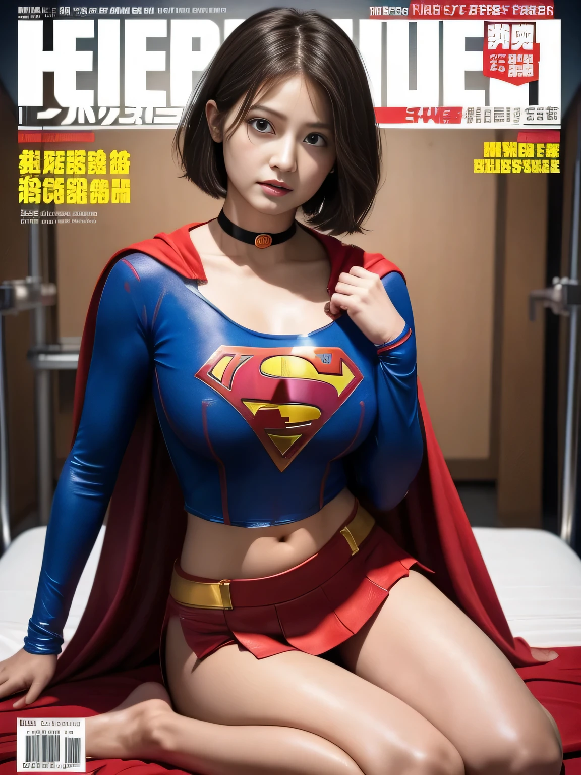 masterpiece、supergirl costume、short hair、barefoot、big and full breasts、Weekly magazine cover、Experimental facility、operating table、Cowgirl、Tattered、shiny、look at the camera、Seduce、choker、red mini skirt、long sleeve、from right in front