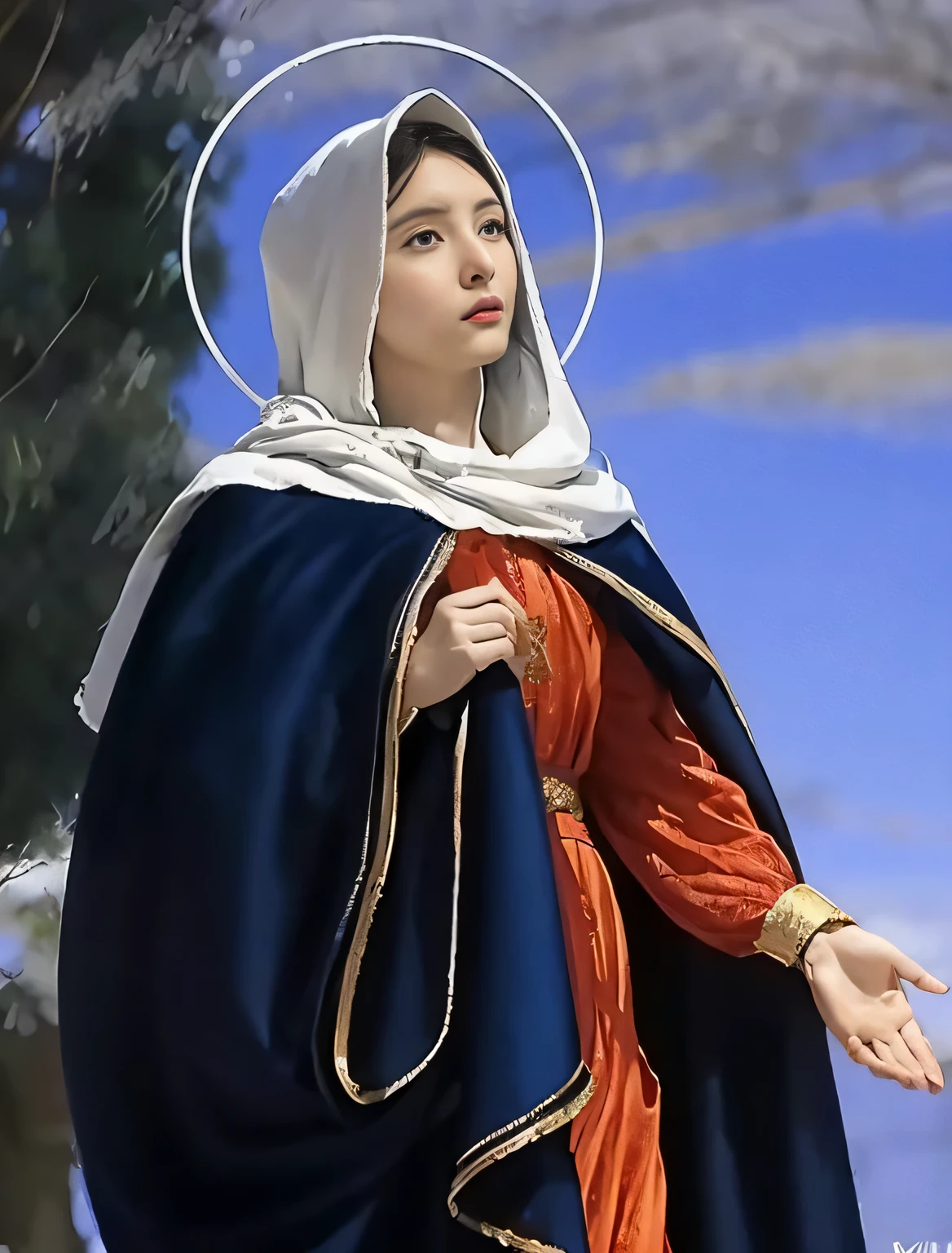 L'image represents Mary, Mother of Jesus, portant un manteau bleu et un voile blanc. Elle semble prier, avec ses mains jointes et un air de dévotion sur son visage. Elle se tient devant un arbre et un ciel bleu, with a halo around the head.