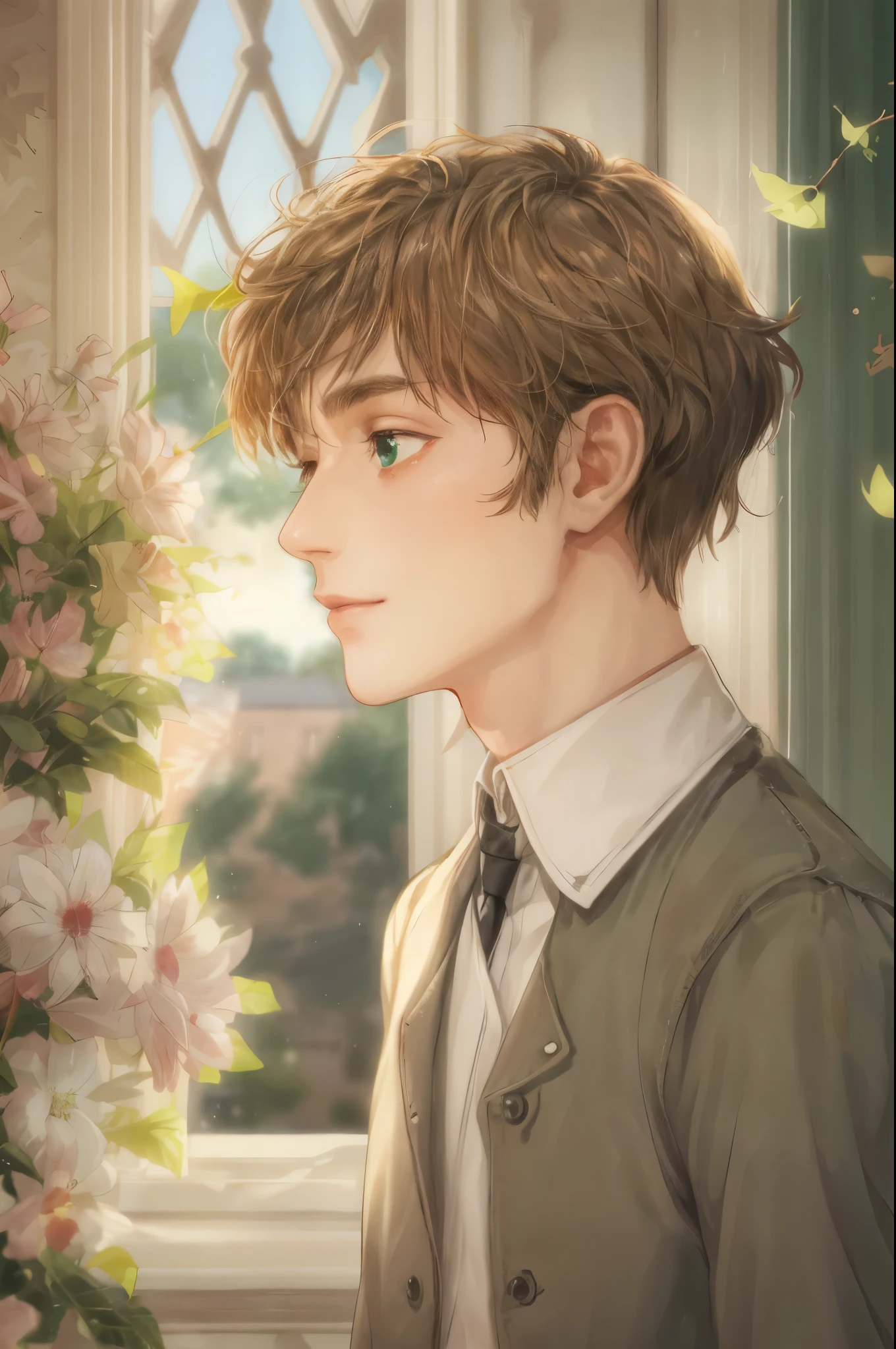 (absurdres, highres, simple detailed, HDR), simple masterpiece, best quality, 1 boy , short hair, handsome face, anime eyes, character from the anne of green gables, male version, simple interior, gnostic scenery 