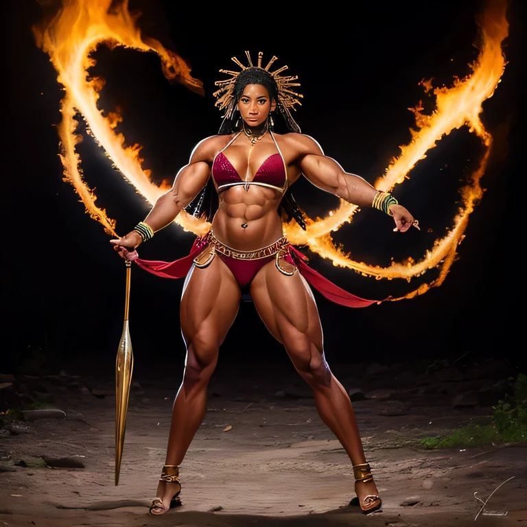 (high-res, professional photo quality),(dynamic pose),(ethereal atmosphere),(exquisite attention to detail), ((Full-body photo)), ((head-to-toe photo)), african warrior, muscular woman in thong