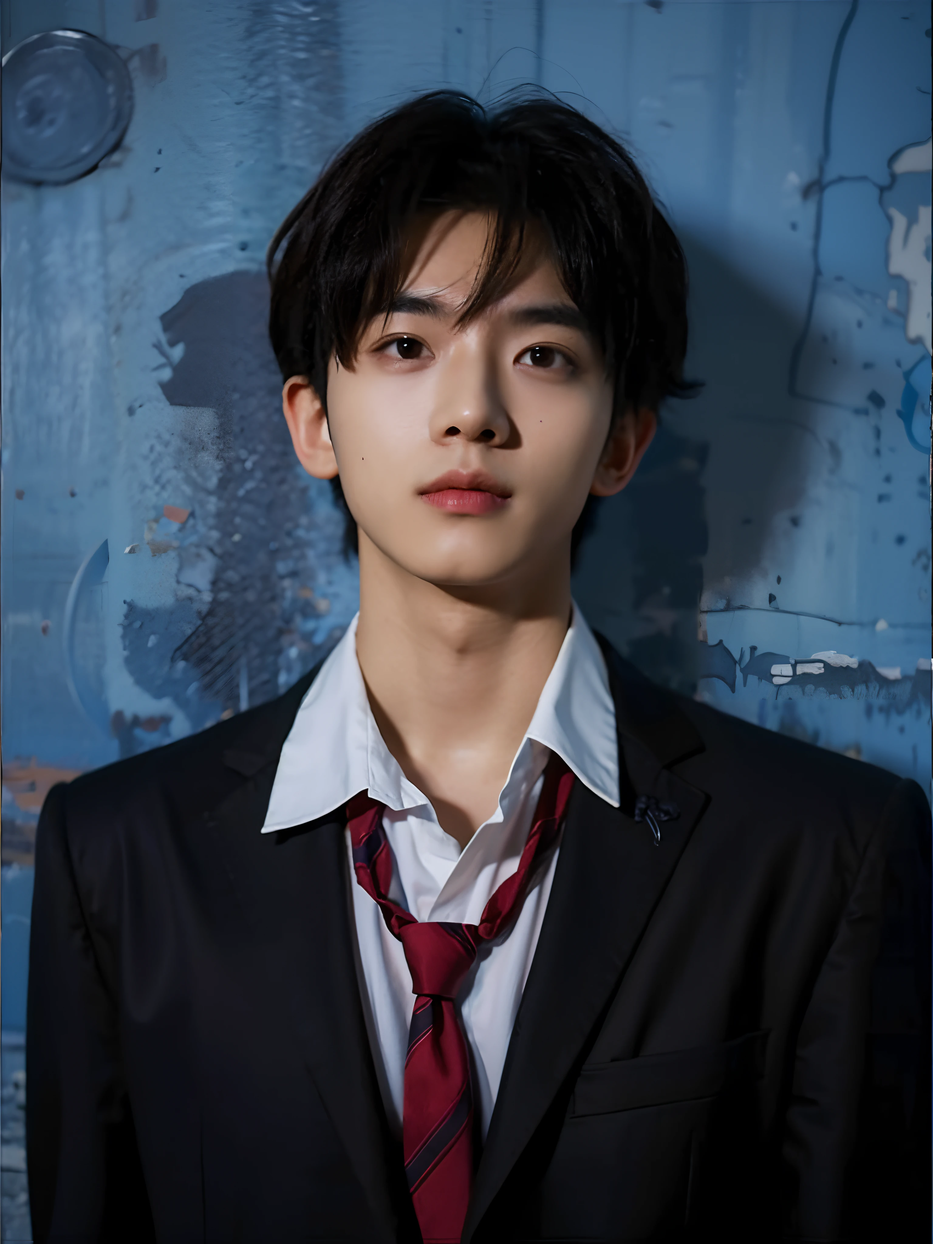 A 16-year-old boy, ((man)), ((suit)), angry, unhappy, arrogant, metal headphones, dark blue, crimson tie, big eyes, fluffy hair, (8k, best quality, Masterpiece: 1.2), (men's short hair, naturally curly hair), (real, photo real, photo real: 1.37), super detailed, straight nose, blue shirt, black hair, (handsome expression), (handsome Boy), Ray Tracing, Interior Lighting, Solid Background, Ultra HD, Textured Skin, High Quality, High Resolution, Award Winning, 1080P, 4K, HD, Iron Sheet, Rust, Center Focus, Blurred Background