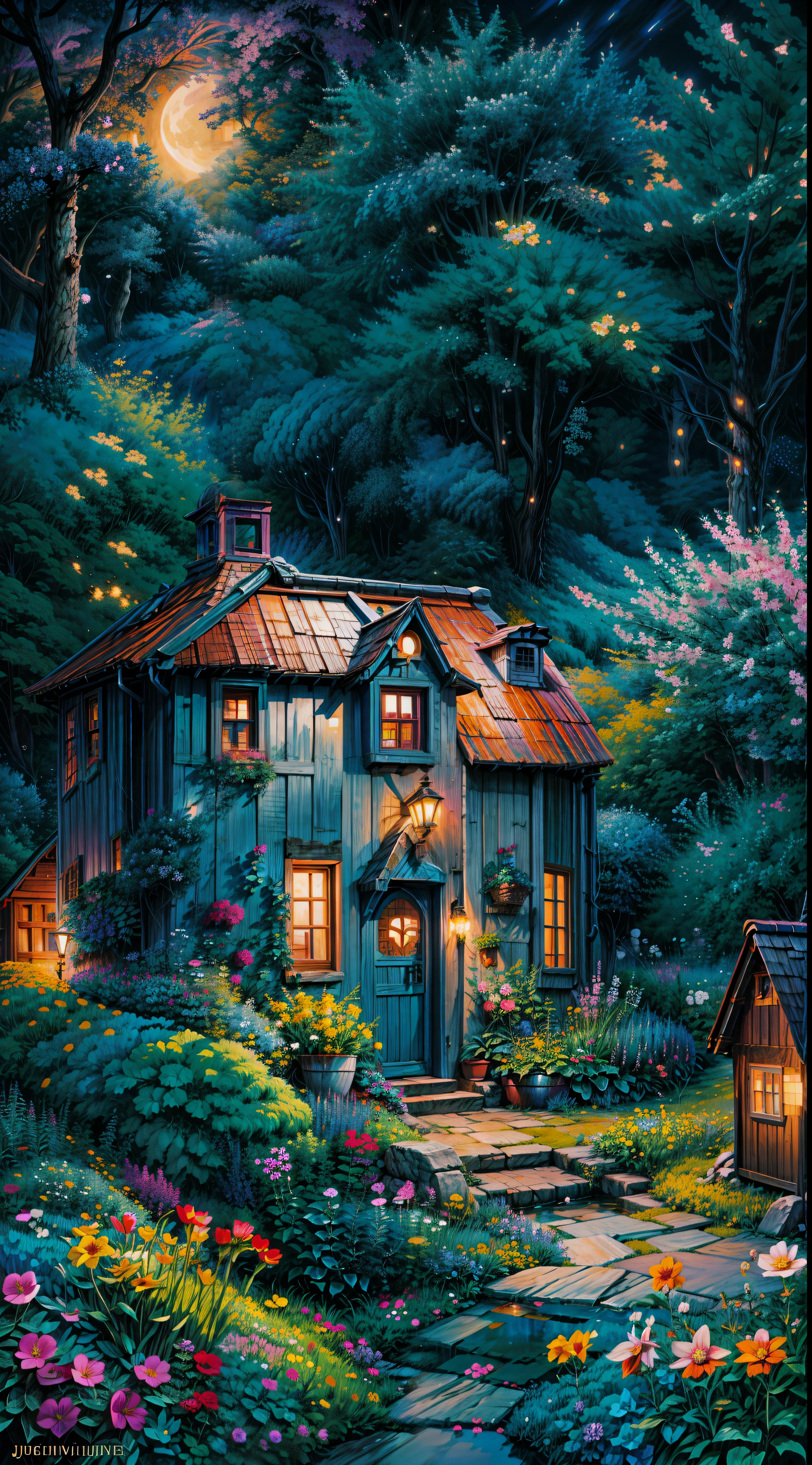 a painting of a blue house surrounded by flowers, nightime village background, by Jacek Yerka, by Evgeny Lushpin, by Shin Yun-bok, whimsical fantasy landscape art, cloudy sky, by Frances Jetter, flowery cottage, rounded house and cute character, magical village, moonlit night dreamy atmosphere, by Yvonne Jacquette, inspired by Evgeny Lushpin, 4k hd,, beautiful art uhd 4 k, a beautiful artwork illustration, beautiful digital painting, highly detailed digital painting, beautiful digital artwork, detailed painting 4 k, very detailed digital painting, rich picturesque colors, gorgeous digital painting, no human