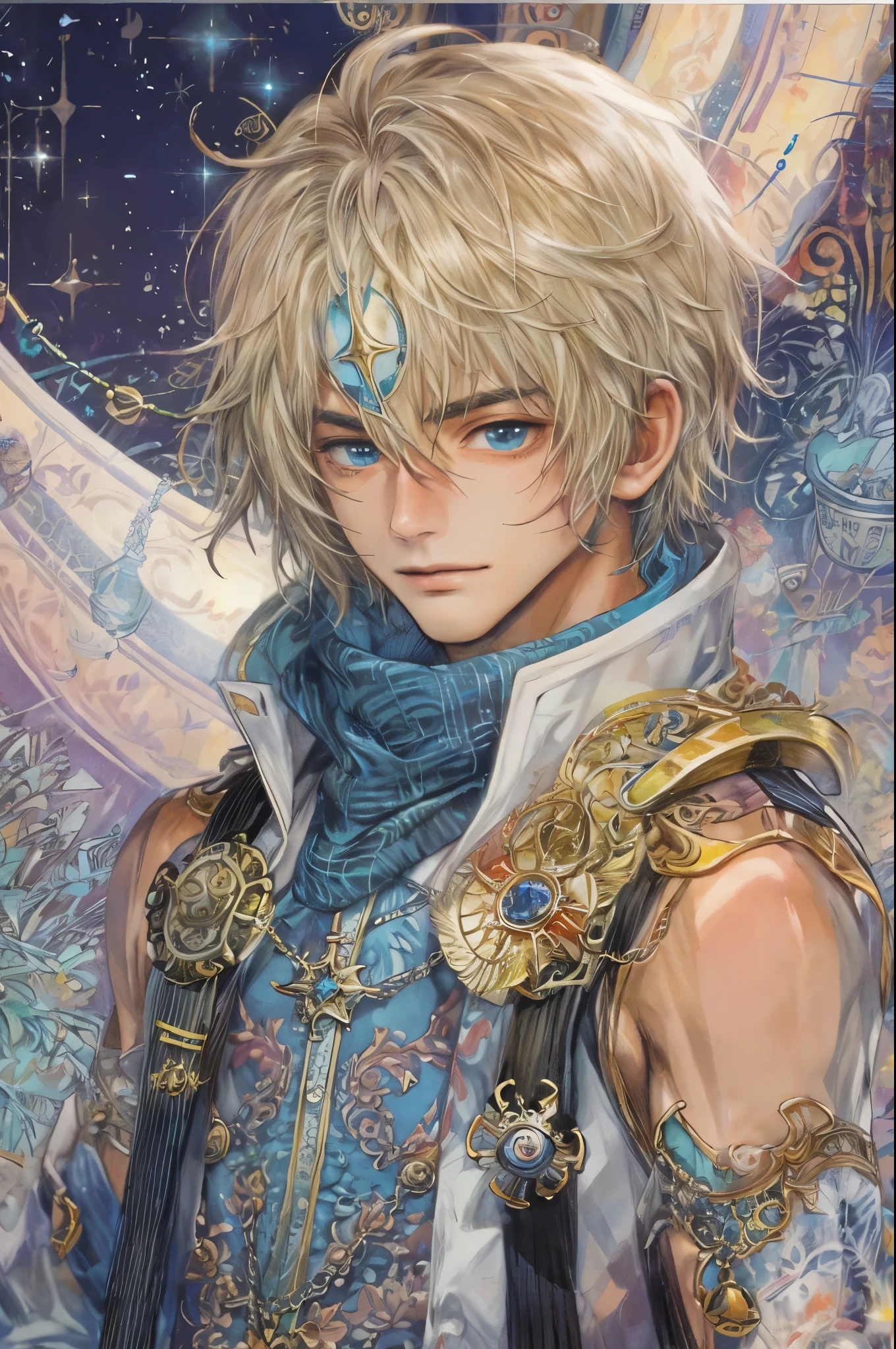 (((Best quality)), ((masterpiece)), (detailed), ((perfect face)), ((halfbody)) handsome face, male, teen boy, perfect proportions , colorful vibe ((character from star ocean , male version)) gnostic interior, gnostic scene