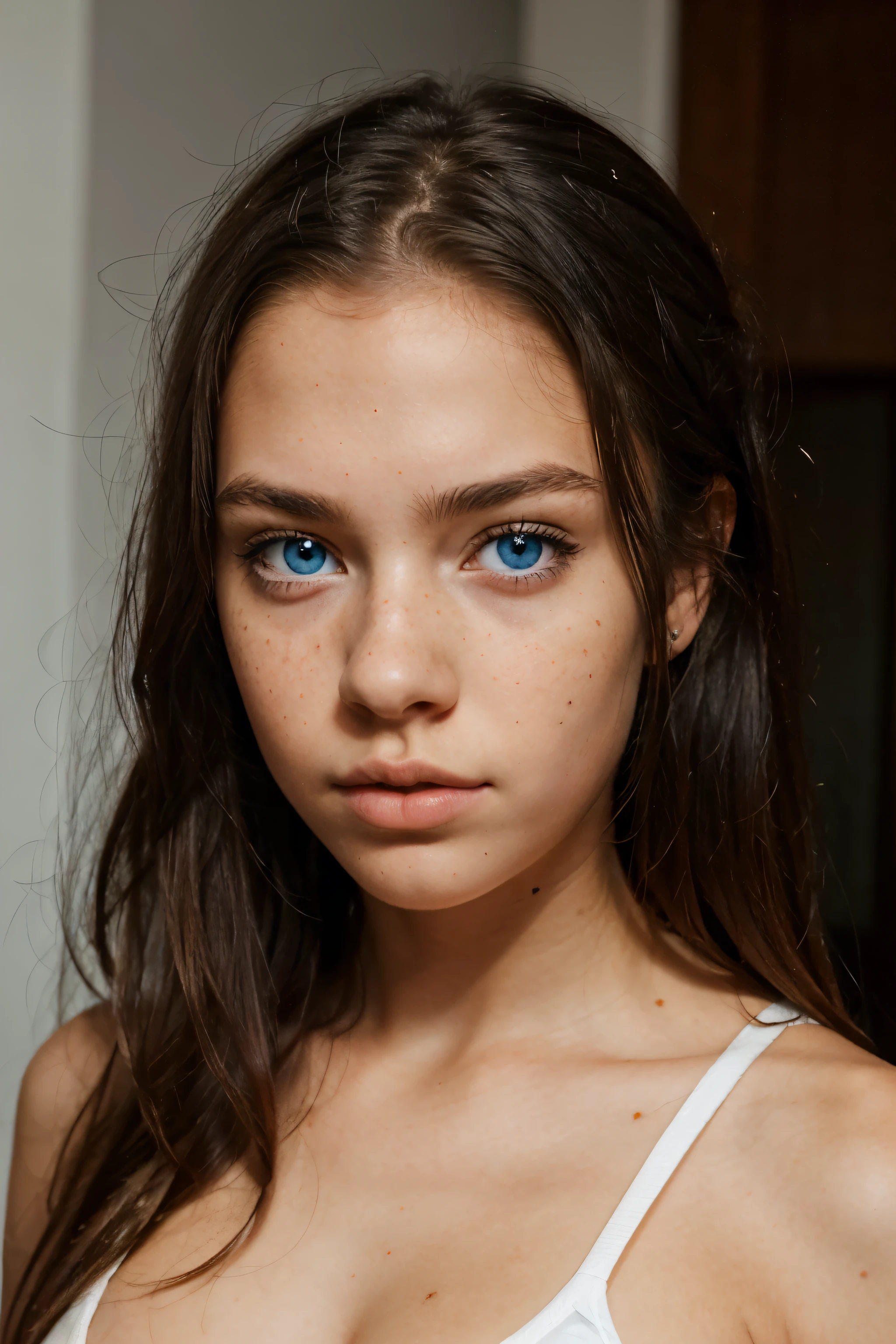 young girl, half black half Scandinavian, more darker skin than white, very large bright blue eyes, freckles, cute and sexy, pouty lips, hyperrealistic
