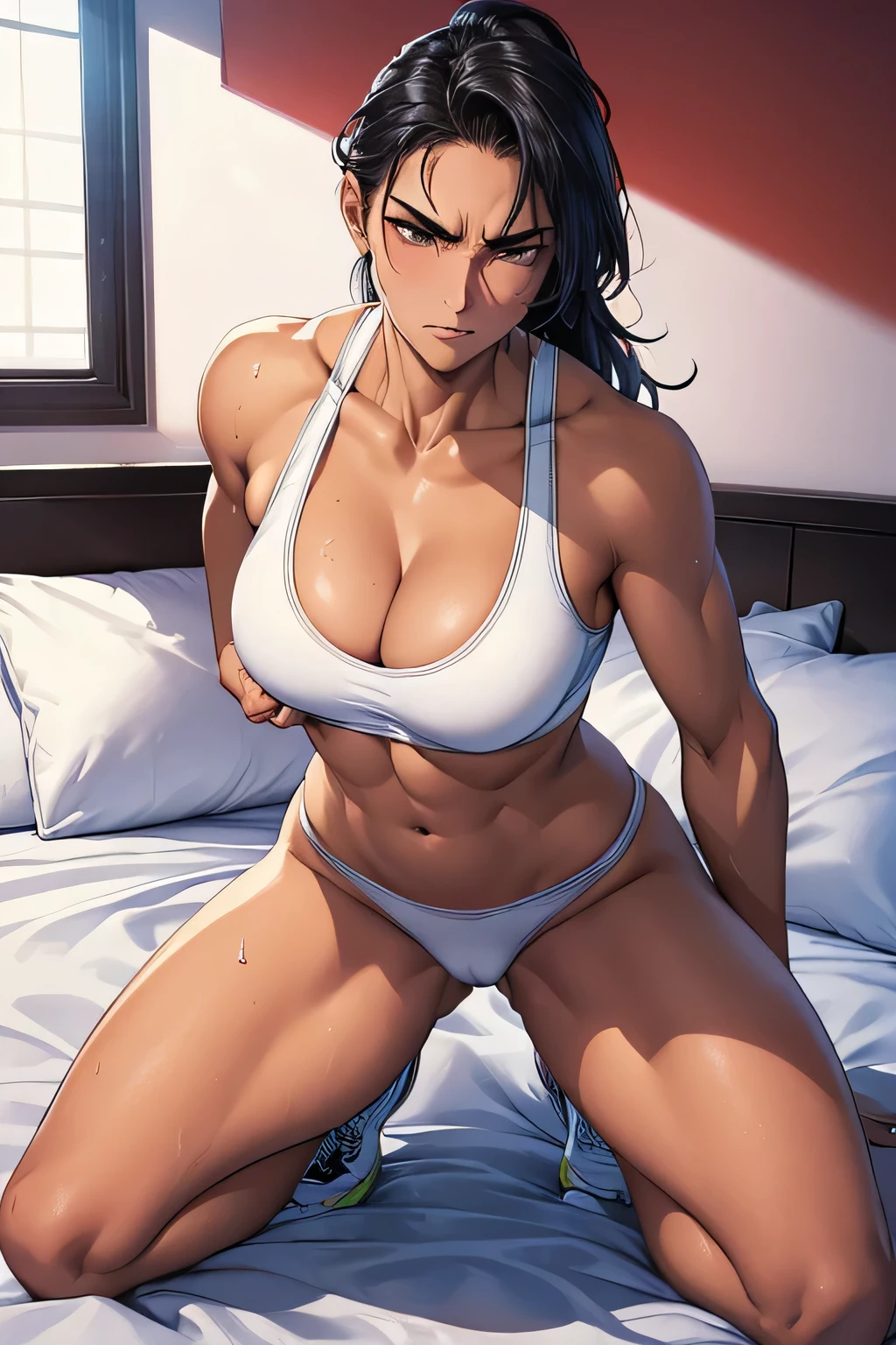 Disdainful eyes and angry expressions (a female athlete,Wear a white sports bra,Kneel on the bed,Cat leaks,wet crotch)。