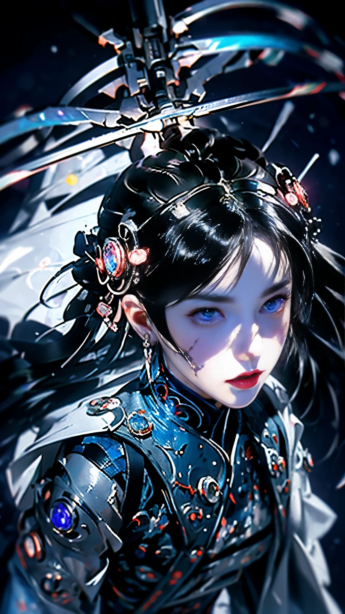 (jinxLol),best quality, official art, 8k wallpaper, highly detailed, illustration, detailed eyes, pretty jinx with weapon in hand, full body,Wearing a lot of clothes,Holding weapons in hand, emitting blue light, in battle, cool background, blue light, flames , (best quality),((masterpiece)),(highres), original, extremely detailed 8K wallpaper,(an extremely delicate and beautiful)