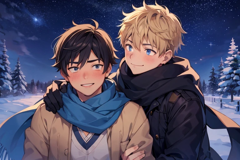 (2 boy),16 years old,embarrassed,blush,(smile:1.3),hug,scarf,winter,starry sky,masterpiece,best quality,ultra-detailed,High quality, high resolution,perfect ,detailed,beautiful detailed eyes,full arms,full hand,5 fingers