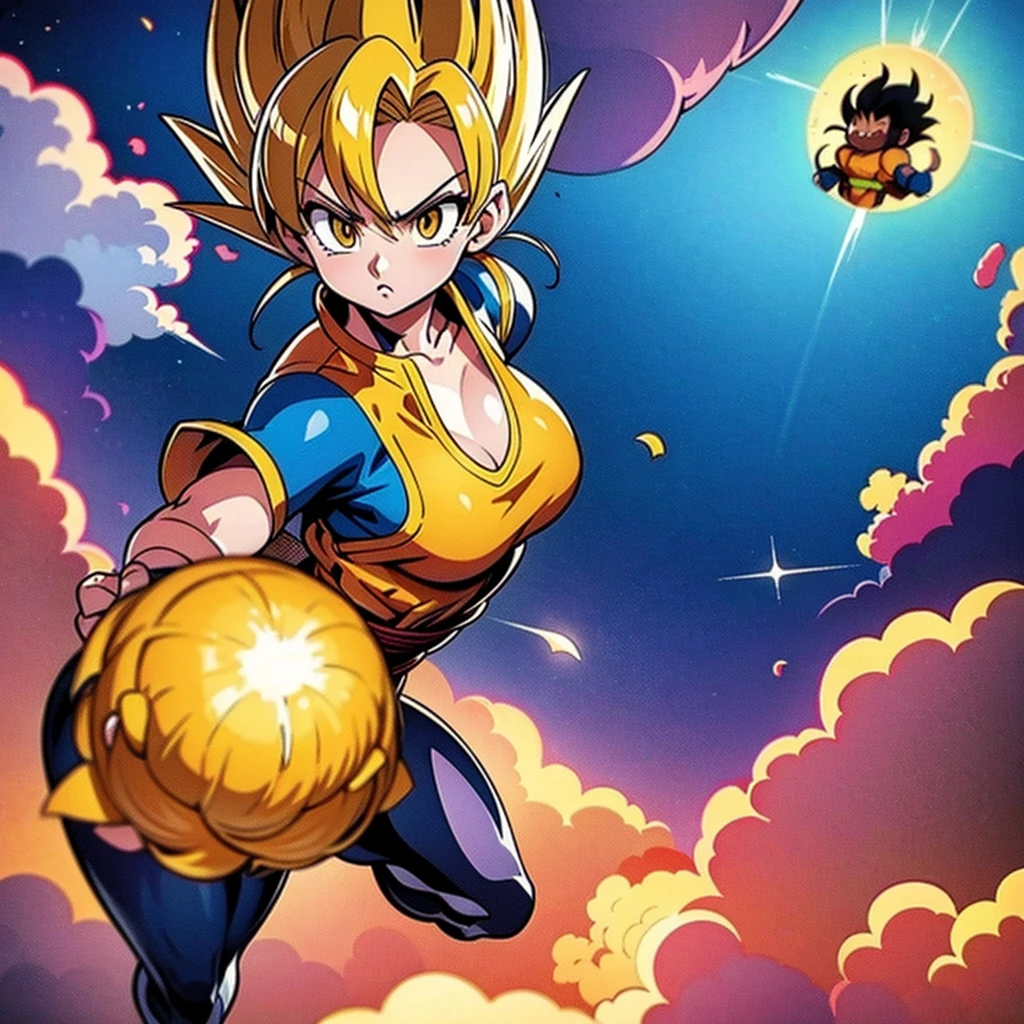 A detailed and vibrant illustration of the popular anime series "Dragonball", featuring the iconic characters Goku, Vegeta, and Piccolo. The artwork should showcase their dynamic poses and powerful energy blasts, with vibrant and vivid colors that bring the characters to life. The medium of the artwork should be a combination of digital rendering and traditional hand-drawn techniques, resulting in a unique and visually stunning art style. The scene should take place in a dramatic and epic landscape, with rocky cliffs, floating islands, and swirling clouds in the background. The characters should be depicted with extreme detail, including intricate facial expressions, muscular physiques, and distinct costumes. The artwork should have the best quality, with a resolution of 4K or 8K, to ensure every detail is captured. The colors should be vibrant and bold, with a mix of warm and cool tones to enhance the overall composition. The lighting should be dramatic, casting dynamic shadows and highlights on the characters and the surrounding environment. The artwork should have a realistic and photorealistic style, with attention to fine details such as individual strands of hair, fabric texture, and facial features. Additionally, the artwork should evoke the sense of action and power that defines the Dragonball series, capturing the essence of the characters' strength and determination.