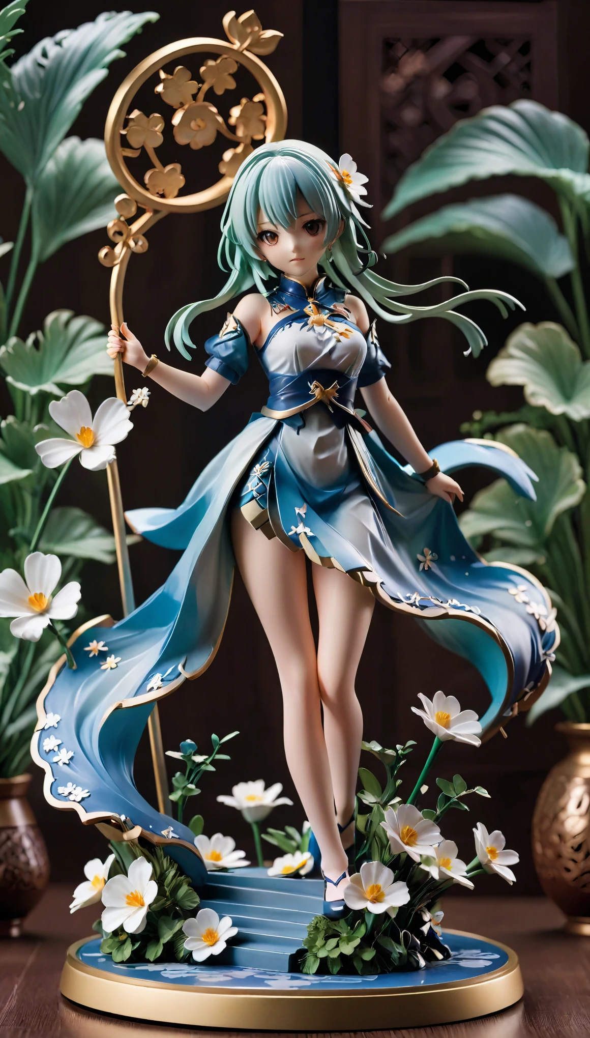 This PVC doll model belongs to the Zodiac Knights Girls 2 series designed by Yuno，Inspired by Mayuri Shiina, the goddess of sorrow。she is wearing a blue dress，Show a nice smile，Set atop a meticulously carved floral sculpture。Holding anime statue，Highlight its anime style。This scene may be concept art created by a senior artist，Carefully crafted，Every detail is carefully designed and crafted，Demonstrates high quality craftsmanship and artistry。This touching scene may have triggered heated discussions in art communities such as CGSociety，Demonstrate its popular and eye-catching characteristics。