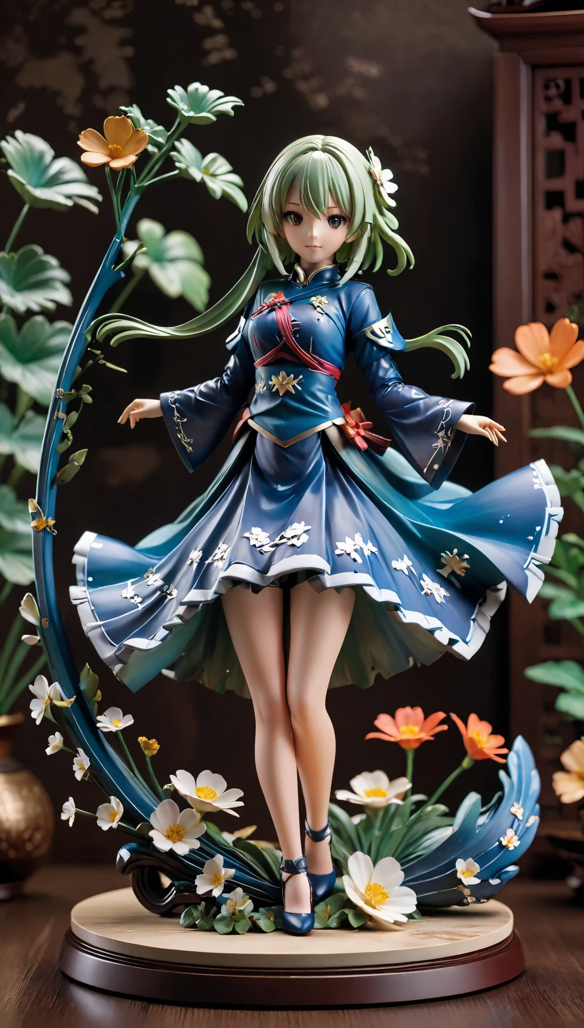 This PVC doll model belongs to the Zodiac Knights Girls 2 series designed by Yuno,Inspired by Mayuri Shiina, the goddess of sorrow。she is wearing a blue dress,Show a nice smile,Set atop a meticulously carved floral sculpture。Holding anime statue,Highlight its anime style。This scene may be concept art created by a senior artist,Carefully crafted,Every detail is carefully designed and crafted,Demonstrates high quality craftsmanship and artistry。This touching scene may have triggered heated discussions in art communities such as CGSociety,Demonstrate its popular and eye-catching characteristics。