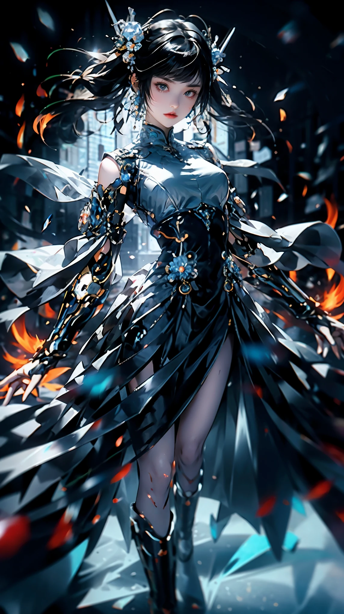 (jinxLol),best quality, official art, 8k wallpaper, highly detailed, illustration, detailed eyes, pretty jinx with weapon in hand, full body,Wearing a lot of clothes，Holding weapons in hand, emitting blue light, in battle, cool background, blue light, flames , (best quality),((masterpiece)),(highres), original, extremely detailed 8K wallpaper,(an extremely delicate and beautiful)