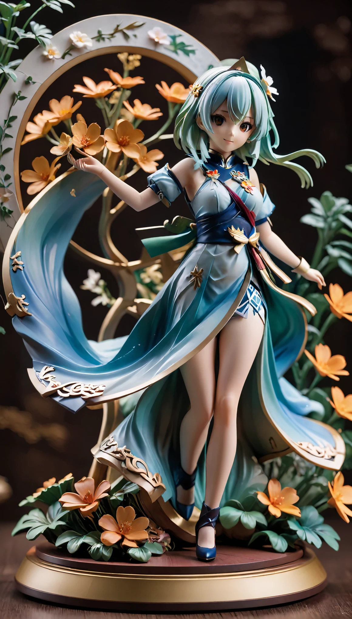 This PVC doll model belongs to the Zodiac Knights Girls 2 series designed by Yuno，Inspired by Mayuri Shiina, the goddess of sorrow。she is wearing a blue dress，Show a nice smile，Set atop a meticulously carved floral sculpture。Holding anime statue，Highlight its anime style。This scene may be concept art created by a senior artist，Carefully crafted，Every detail is carefully designed and crafted，Demonstrates high quality craftsmanship and artistry。This touching scene may have triggered heated discussions in art communities such as CGSociety，Demonstrate its popular and eye-catching characteristics。