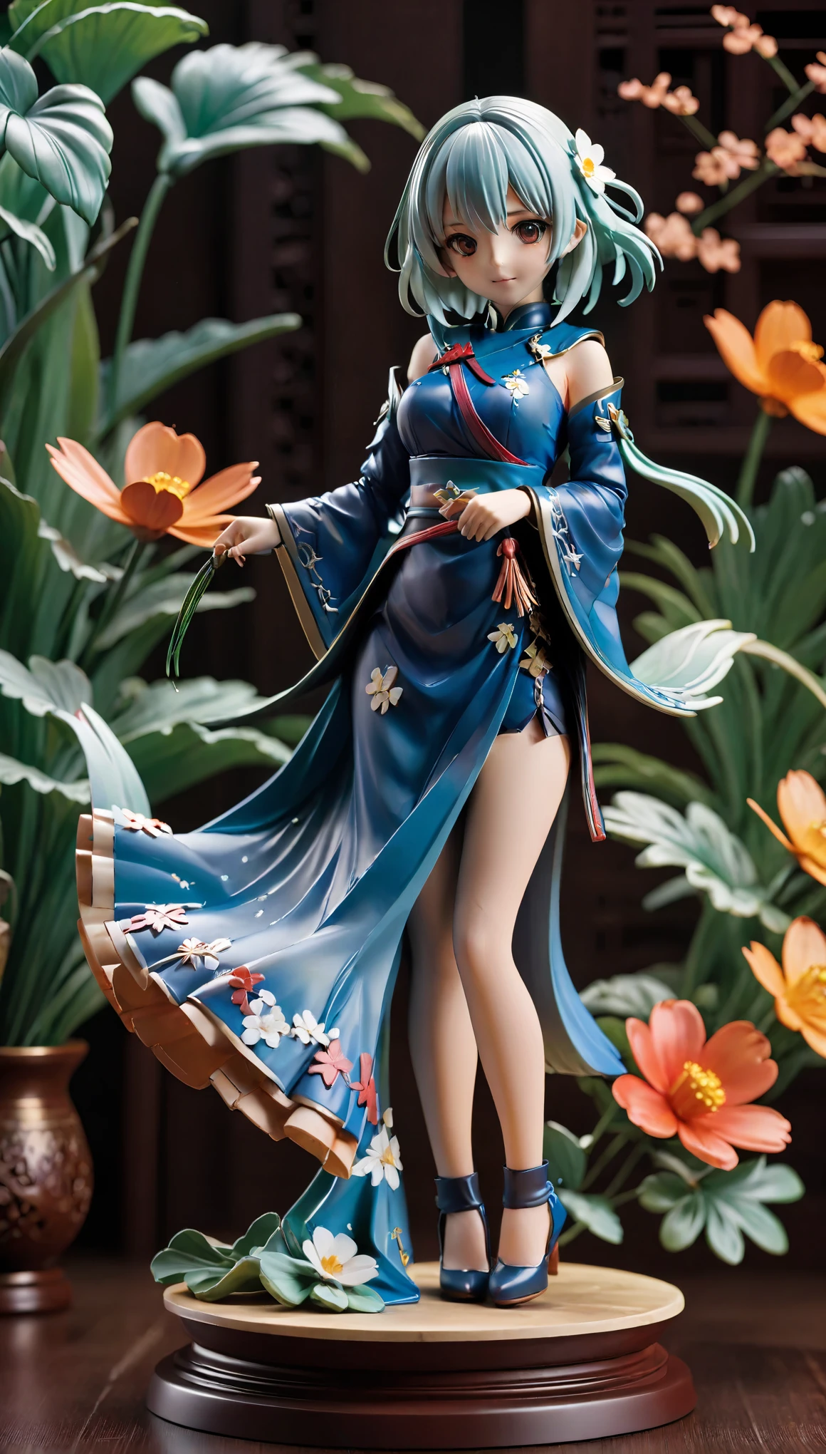 This PVC doll model belongs to the Zodiac Knights Girls 2 series designed by Yuno，Inspired by Mayuri Shiina, the goddess of sorrow。she is wearing a blue dress，Show a nice smile，Set atop a meticulously carved floral sculpture。Holding anime statue，Highlight its anime style。This scene may be concept art created by a senior artist，Carefully crafted，Every detail is carefully designed and crafted，Demonstrates high quality craftsmanship and artistry。This touching scene may have triggered heated discussions in art communities such as CGSociety，Demonstrate its popular and eye-catching characteristics。