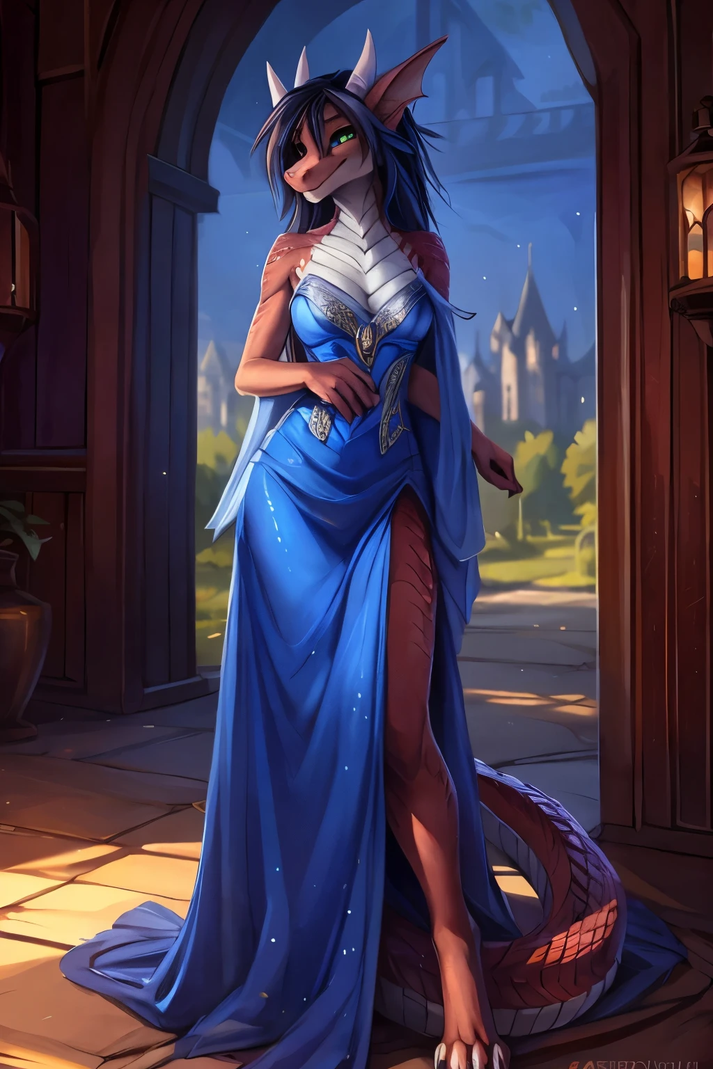 by kenket, Ross Tran, zaush, foxovh, by teranen, by fumiko, by Pixelsketcher, by Einshelm, (by Hioshiru), by fluff-kevlar, by Ajin, (dragon:1.4), (red dragoness), ((anthro)), 8k, 4k, 2k, detailed, intricate, (female), ((solo)), ((scaly)), (masterpiece), best quality, (detailed scales:1.4), NSFW, (hogsks), (photo-realistic), hogwarts, harry potter, (((ravenclaw))), uploaded on e621, (by hioshiru), by sefeiren, digitigrade, girl, castle, ((dark red scales)), silver belly scales, (scaled skin), green eyes, dark hair, ((long tail)), ((thick tail)), skinny, slim build, long legs, clawed feet, long ears, long snout, small breasts, teasing grin, panties, poking tongue out, full body portrait, castle corridor, evening lighting, ((blue gown)), ((silver trim)), evening dress, evening gown, formal gown, sparkling gown, sparkling dress, shimmering gown, dress slit up the side, hc_gown, wearing hc_gown, haute couture