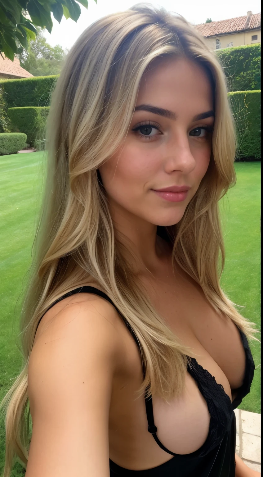 A 23-year-old blonde woman, ((pechos grandes)), ((hiperrealismo)) ,. blonde hair with light brown roots. cabello rubio, Hair with brown roots, cabello extra largo, cabello muy largo, really long hair, Beautiful, Front view, selfie, photo taken with iPhone, elegant black shirt with escote, escotada, selfie in the garden, high quality, selfie iPhone, cleavage