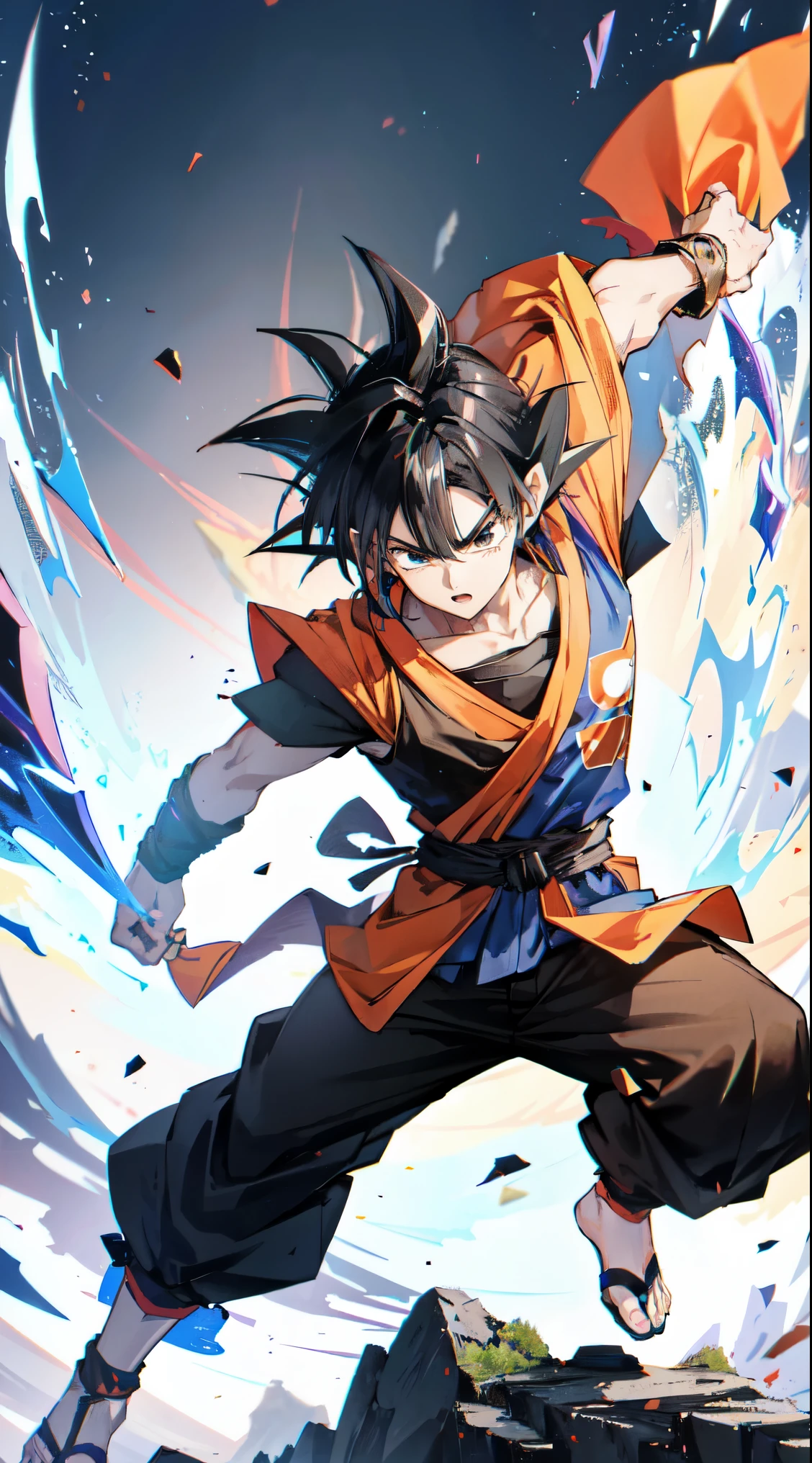 High detailed, 1boy, fantasy, Short spikey hair, black hair, black eyes, Goku’s body, wearing goku’s clothes, fighting a dragon, hair flowing in the air,