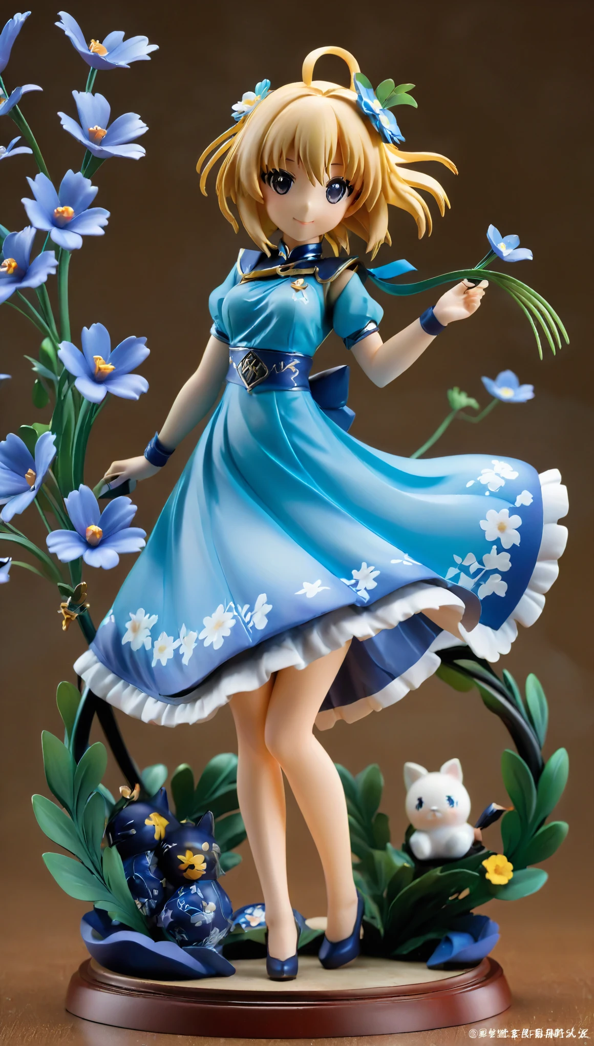 This PVC doll model belongs to the Zodiac Knights Girls 2 series designed by Yuno，Inspired by Mayuri Shiina, the goddess of sorrow。she is wearing a blue dress，Show a nice smile，Set atop a meticulously carved floral sculpture。Holding anime statue，Highlight its anime style。This scene may be concept art created by a senior artist，Carefully crafted，Every detail is carefully designed and crafted，Demonstrates high quality craftsmanship and artistry。This touching scene may have triggered heated discussions in art communities such as CGSociety，Demonstrate its popular and eye-catching characteristics。