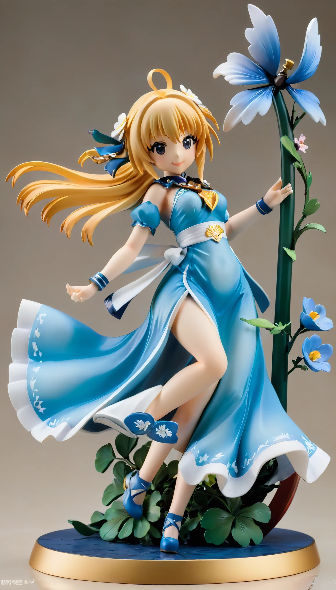 This PVC doll model belongs to the Zodiac Knights Girls 2 series designed by Yuno，Inspired by Mayuri Shiina, the goddess of sorrow。she is wearing a blue dress，Show a nice smile，Set atop a meticulously carved floral sculpture。Holding anime statue，Highlight its anime style。This scene may be concept art created by a senior artist，Carefully crafted，Every detail is carefully designed and crafted，Demonstrates high quality craftsmanship and artistry。This touching scene may have triggered heated discussions in art communities such as CGSociety，Demonstrate its popular and eye-catching characteristics。