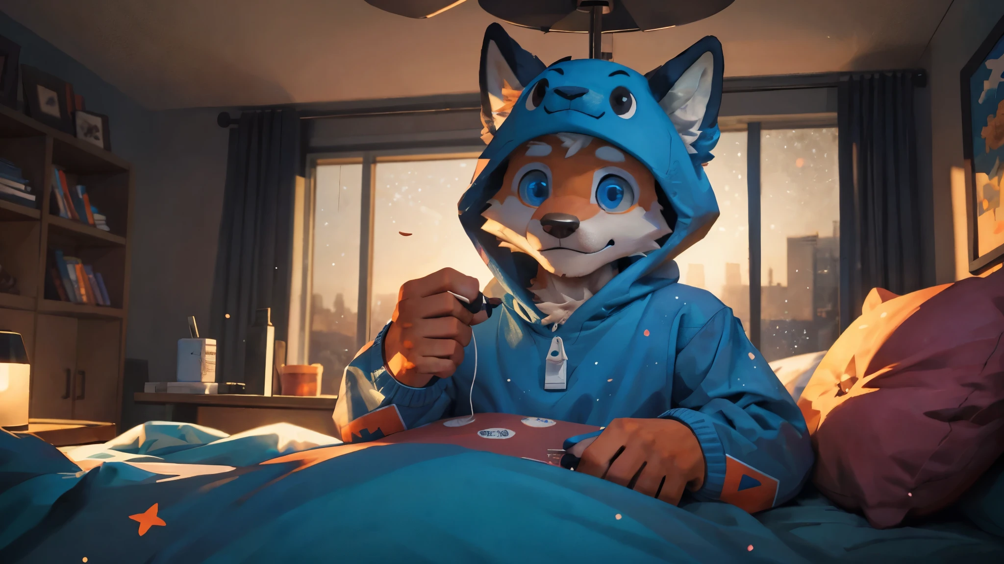 Masterpieces,official art,furry,male,shota,Anthropomorphic orange fox,Delicate face,blue eyes,no hair,onesie, bedroom, cozy room, depth of field, perfect lighting, light particles,(best quality),(masterpiece),(ultra detailed),sharp focus,light particles.
