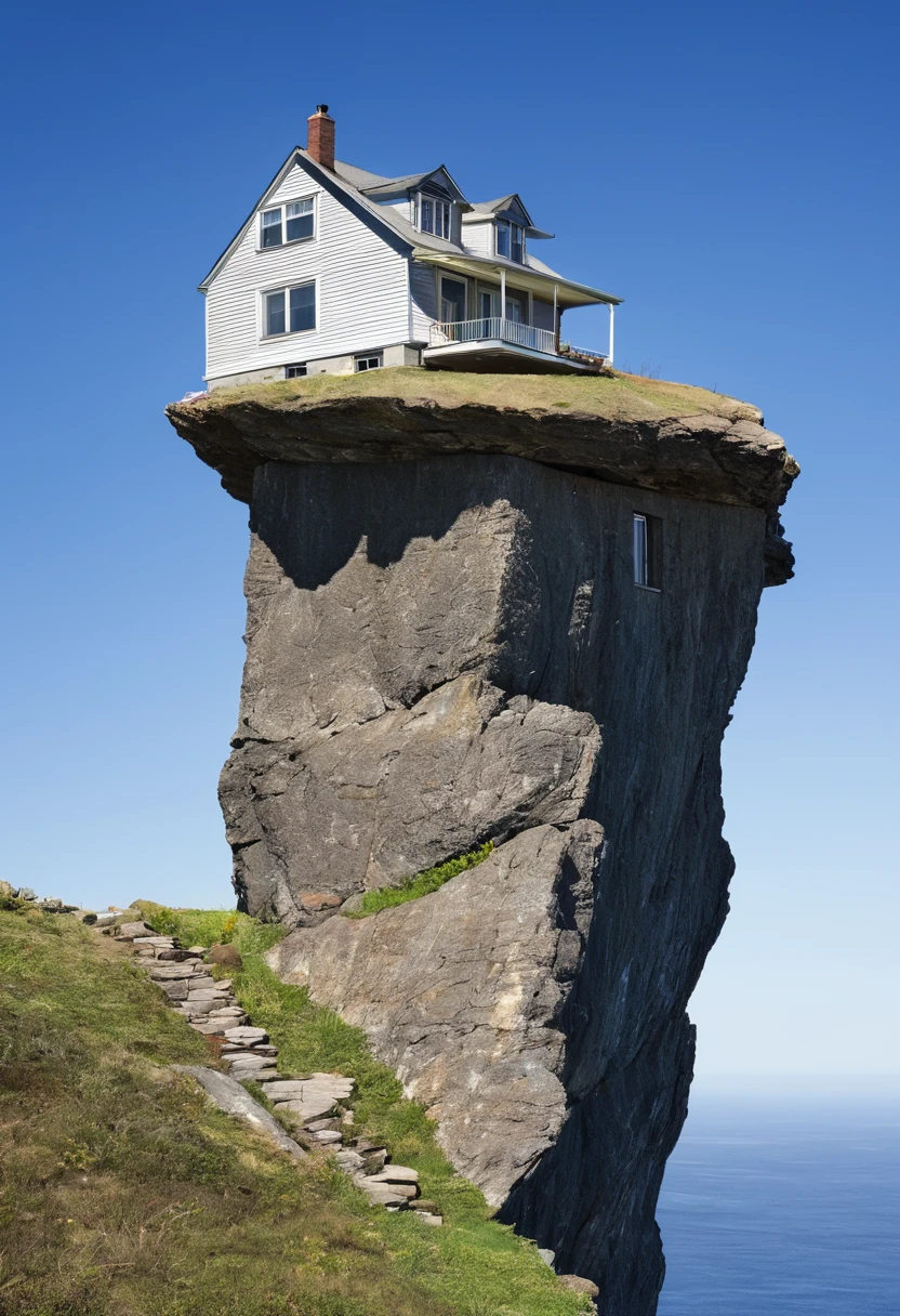 House on a jutting rock, jutting out from a cliff, horrible imbalance