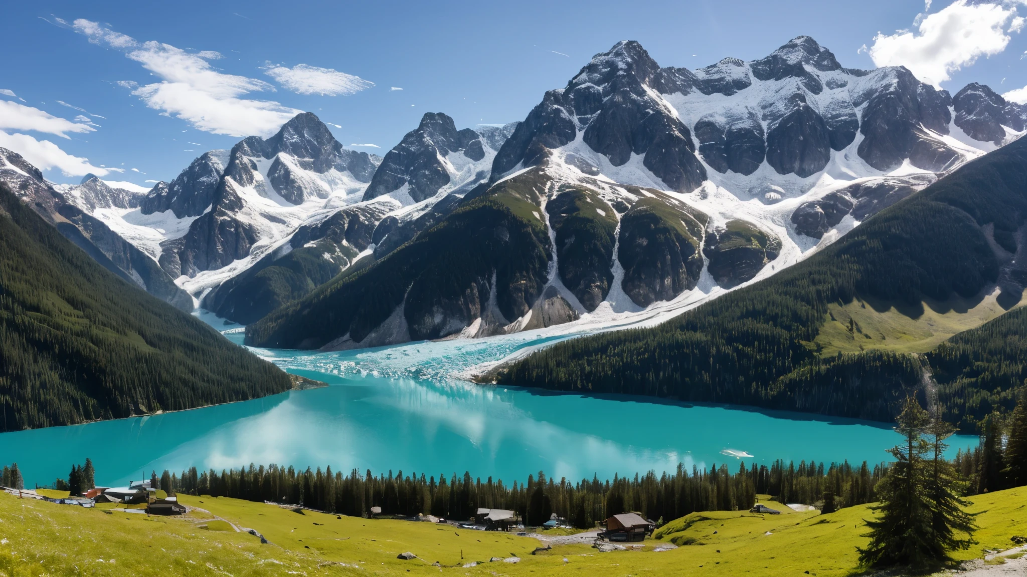 A majestic alpine valley with towering snow-capped peaks reflecting in a pristine glacial lake, surrounded by lush evergreen forests and cascading waterfalls.