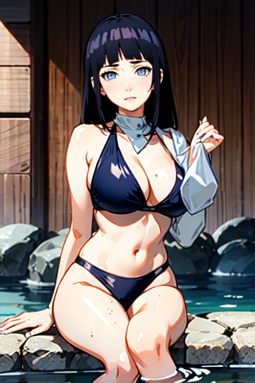 1 red-haired woman, buxom woman, wearing a minimalist short swimsuit, is in a Japanese hot spring bath, she is sitting on the edge of the thermal pool. The view of the image should be a medium shot, looking towards the camera, big breasts, big weight, sensual look, blushing, red lip color, light blue eyes. Be sure to capture the details of the Japanese hot spring bath, such as the hot stones and the relaxing atmosphere of the place. perverted look, big legs"