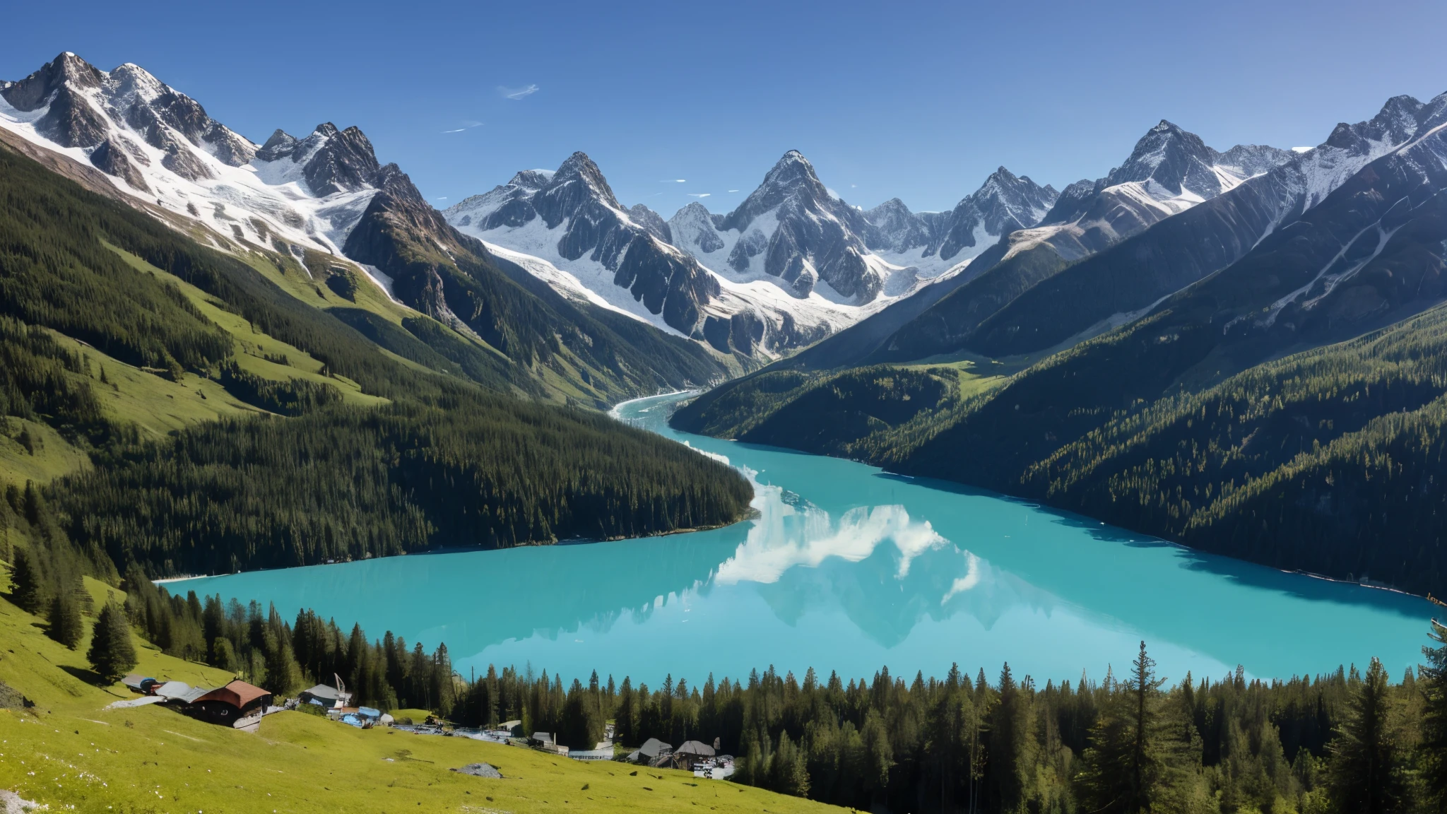 A majestic alpine valley with towering snow-capped peaks reflecting in a pristine glacial lake, surrounded by lush evergreen forests and cascading waterfalls.