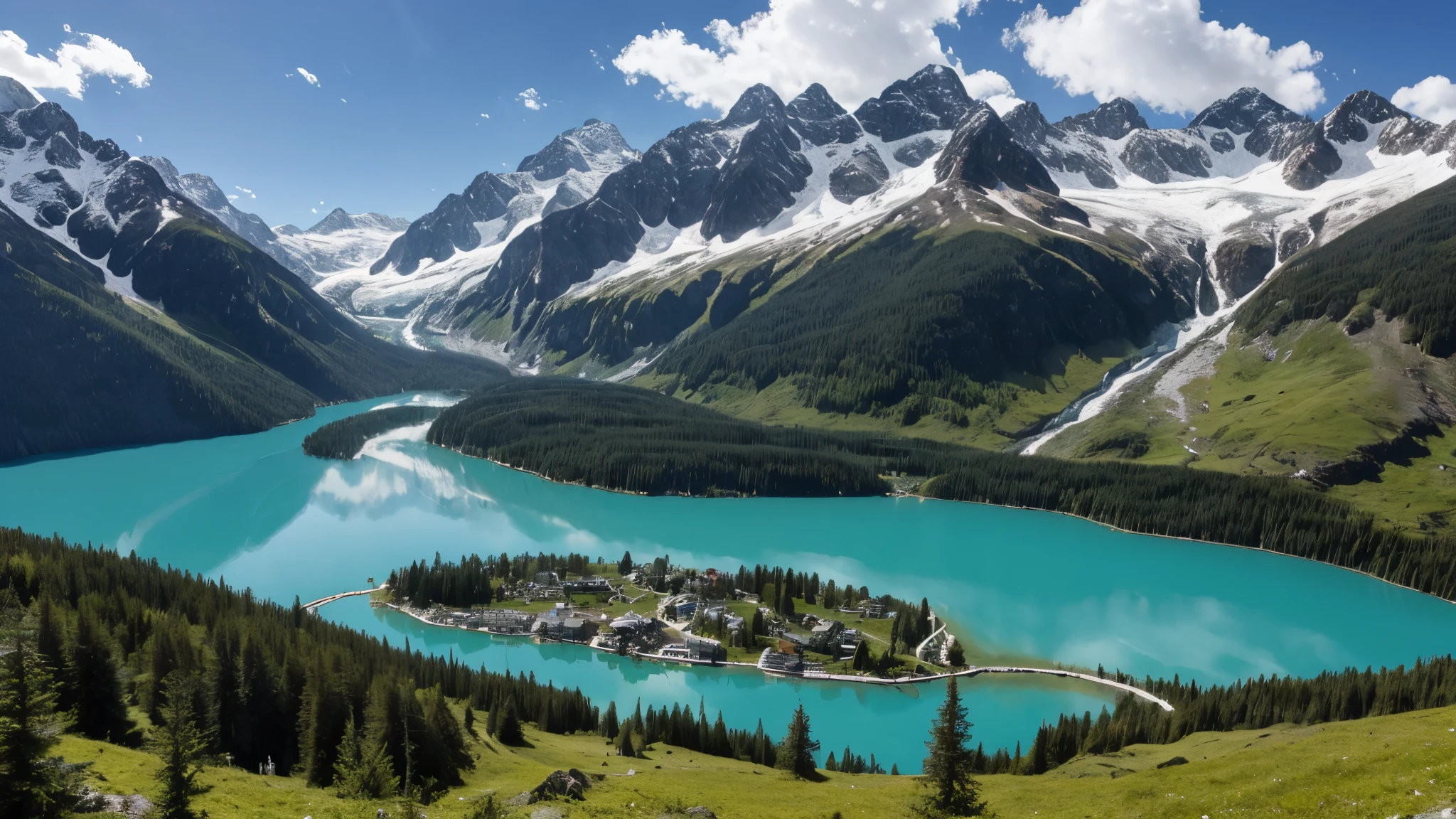 A majestic alpine valley with towering snow-capped peaks reflecting in a pristine glacial lake, surrounded by lush evergreen forests and cascading waterfalls.