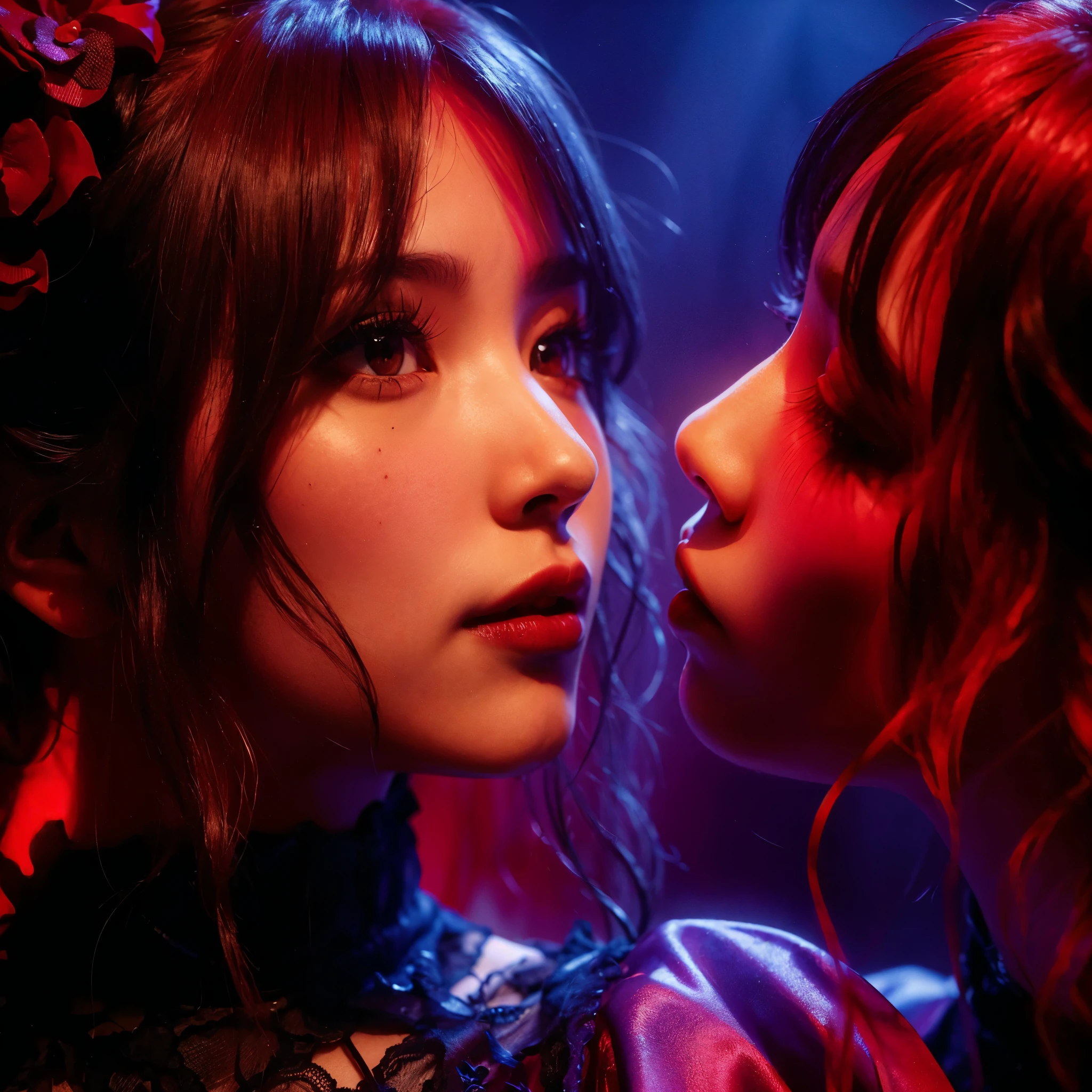 ((very sharp photo result & detailed face)) (((textile shading))) (((Best Quality))), (((masterpiece))) (((hyper realistic photo)) red-blue light mood, macro shoot, tight close up face to face 2 japanese gothic style vocalist girl lip kissed, detail facial, pore skin, makeup, they have red wavy hairs, attractive on stage, wear purple gowns black lace, at dark stage with red smoke on a night concert, dark dramatic spotlight lamp on her, taken with hasselblad camera. HDR10 8K