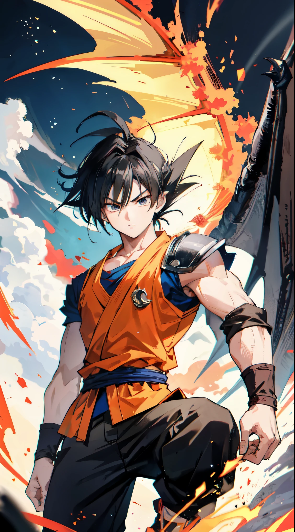 High detailed, 1boy, fantasy, Short spikey hair, black hair, black eyes, Goku’s body, wearing goku’s clothes, fighting a dragon, hair flowing in the air,