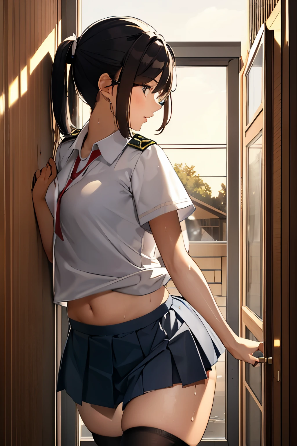 At the classroom window in the evening, a girl in a uniform, a pleated skirt, an affair, a man grabbing her butt, blushing, running away, playing pranks, sweating,